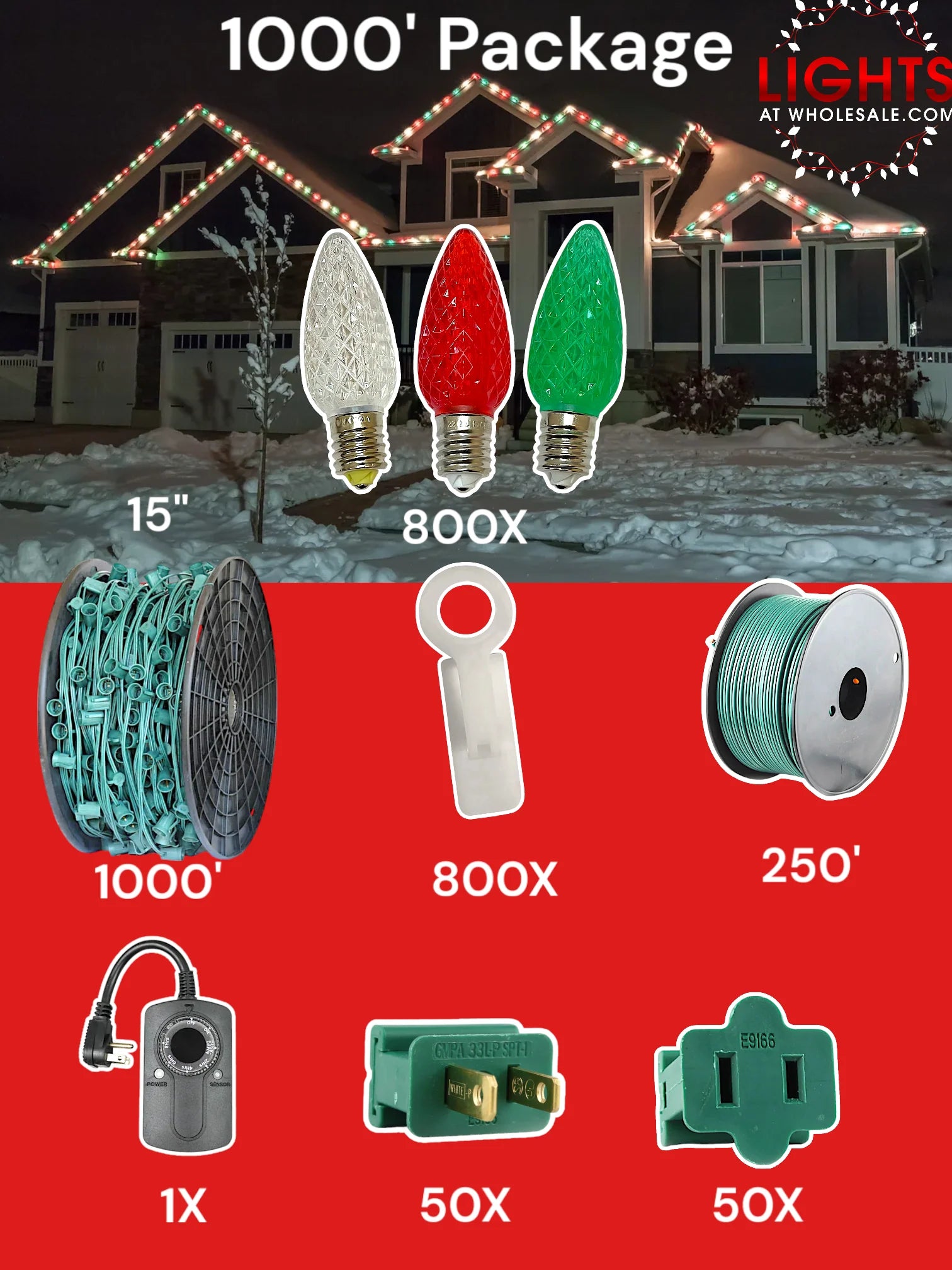 C9 1000 foot Pro Package, 15 inch spacing, Minleon red green warm white