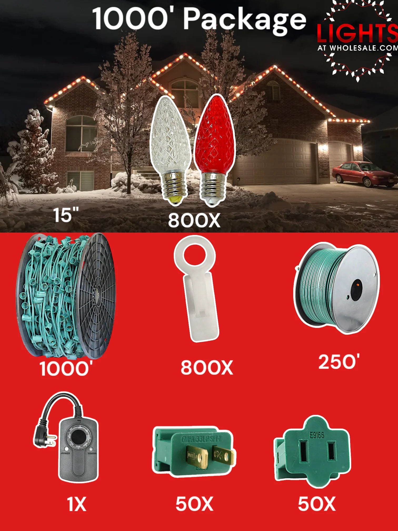 C9 1000 foot Pro Package, 15 inch spacing, Minleon red warm white