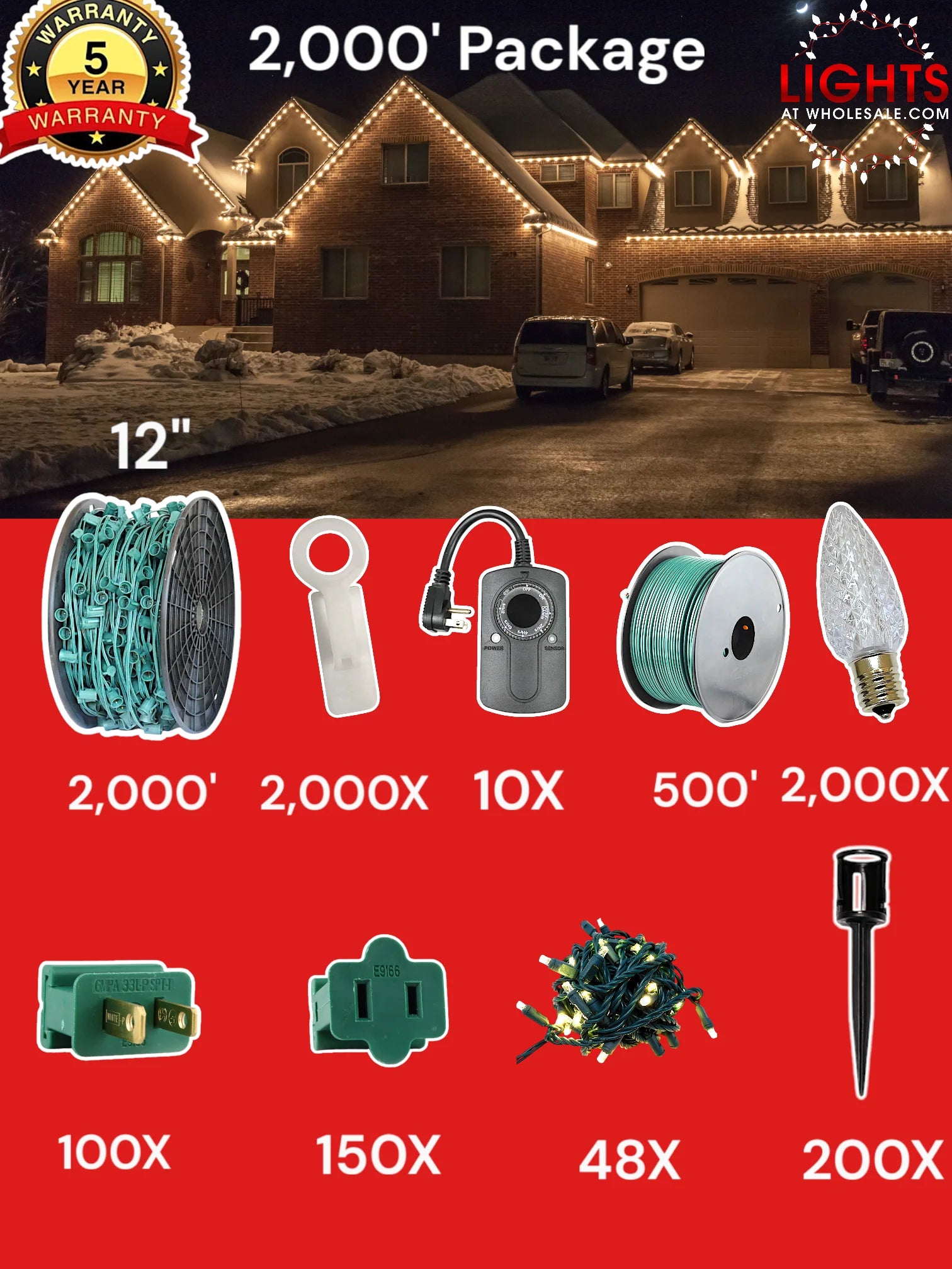 C9 2000 foot Contractor Pro Package, 12 inch spacing, Commercial Elite sun warm white