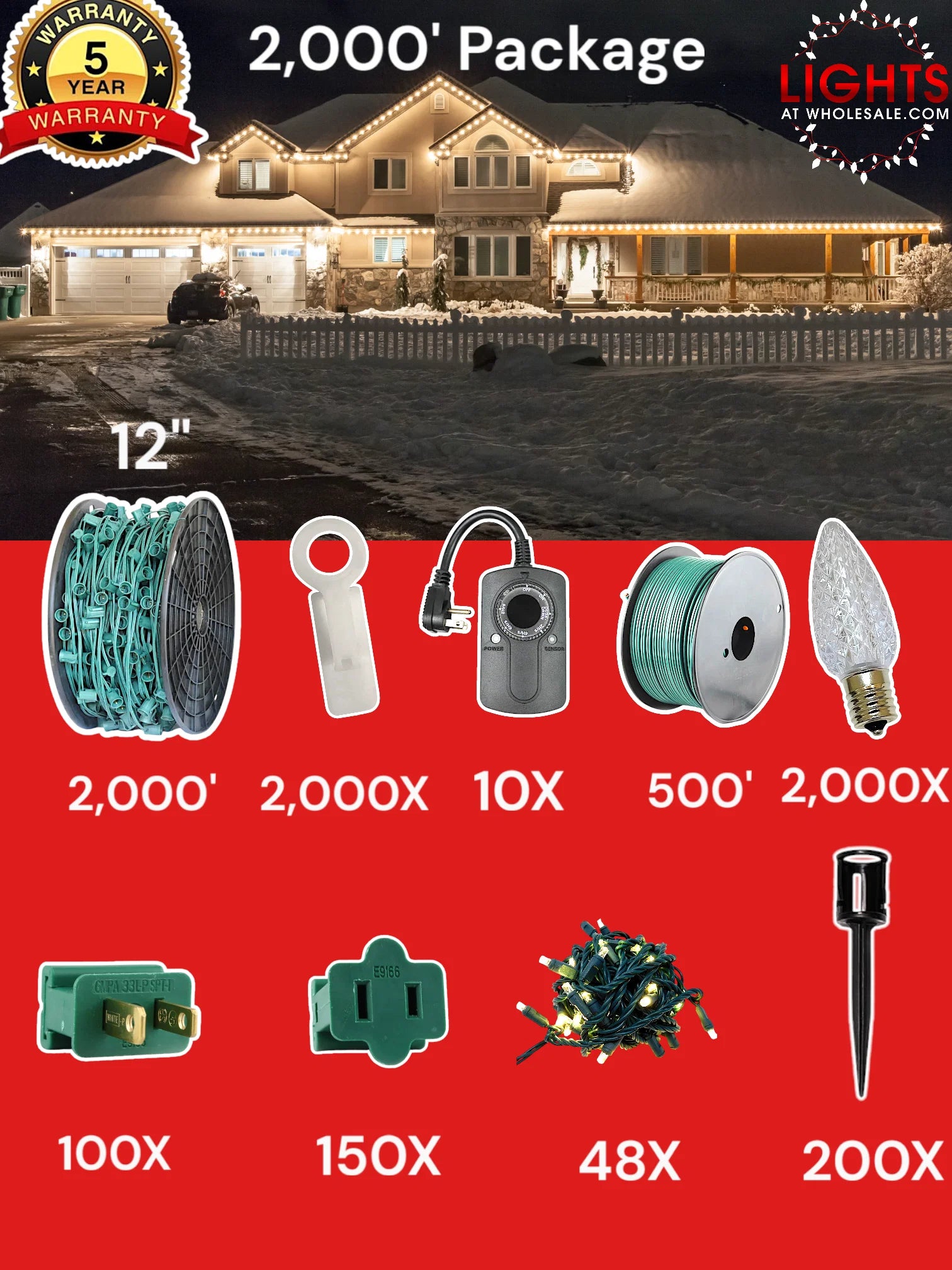 C9 2000 foot Contractor Pro Package, 12 inch spacing, Commercial Elite winter warm white