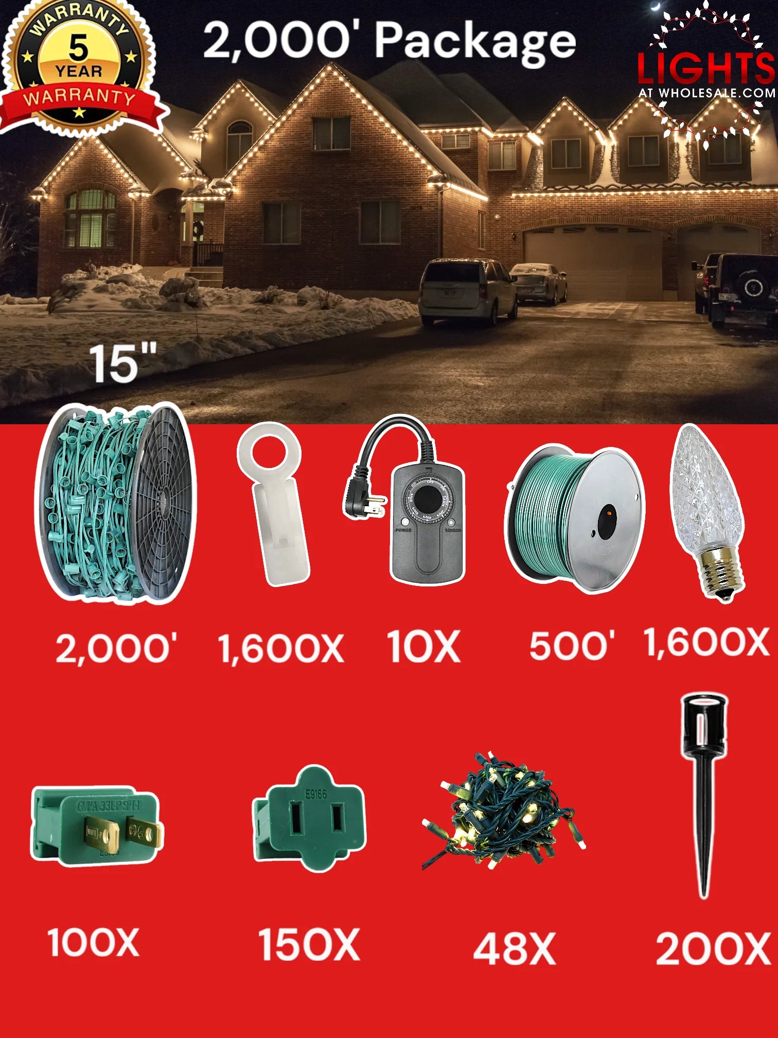 C9 2000 foot Contractor Pro Package, 15 inch spacing, Commercial Elite sun warm white