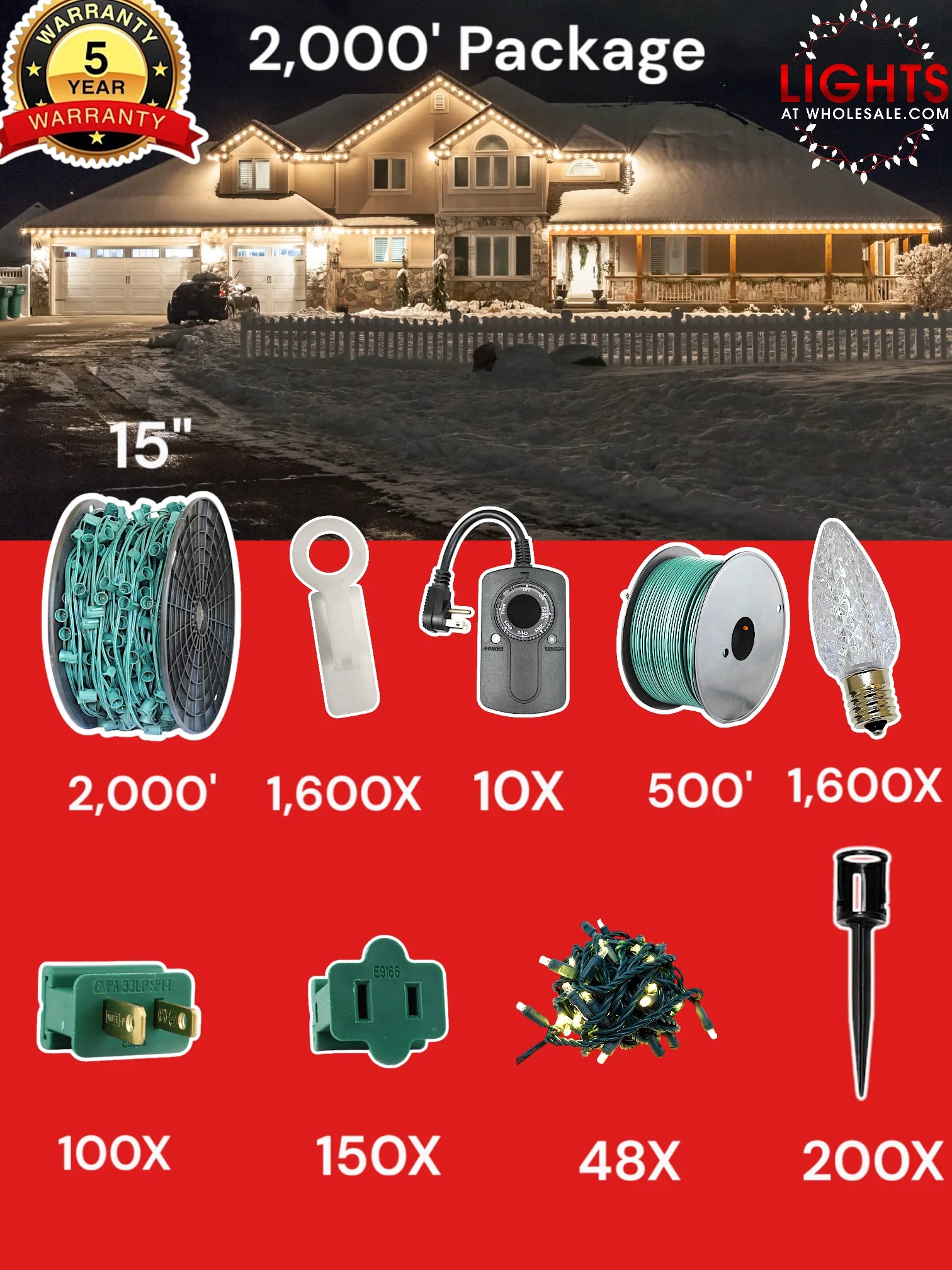 C9 2000 foot Contractor Pro Package, 15 inch spacing, Commercial Elite winter warm white