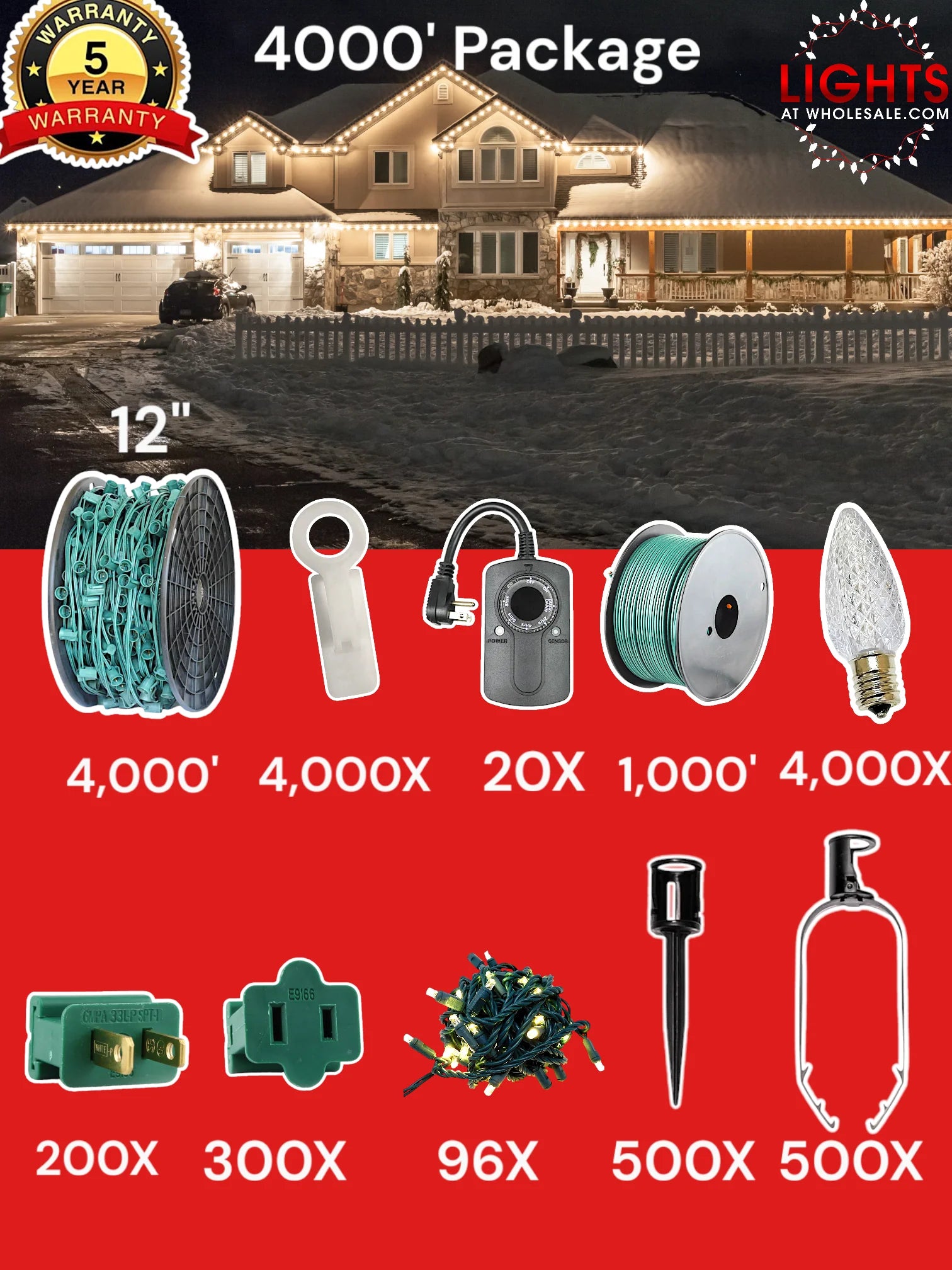C9 4000 foot Contractor Pro Package, 12 inch spacing, Commercial Elite winter warm white