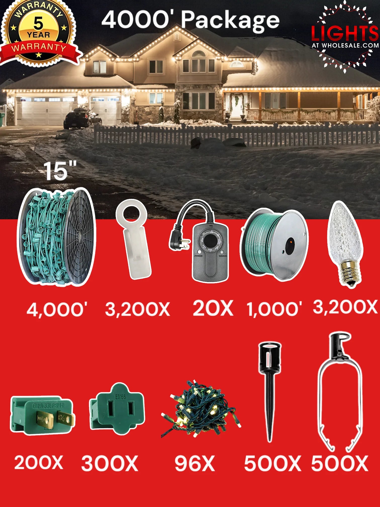 C9 4000 foot Contractor Pro Package, 15 inch spacing, Commercial Elite winter warm white