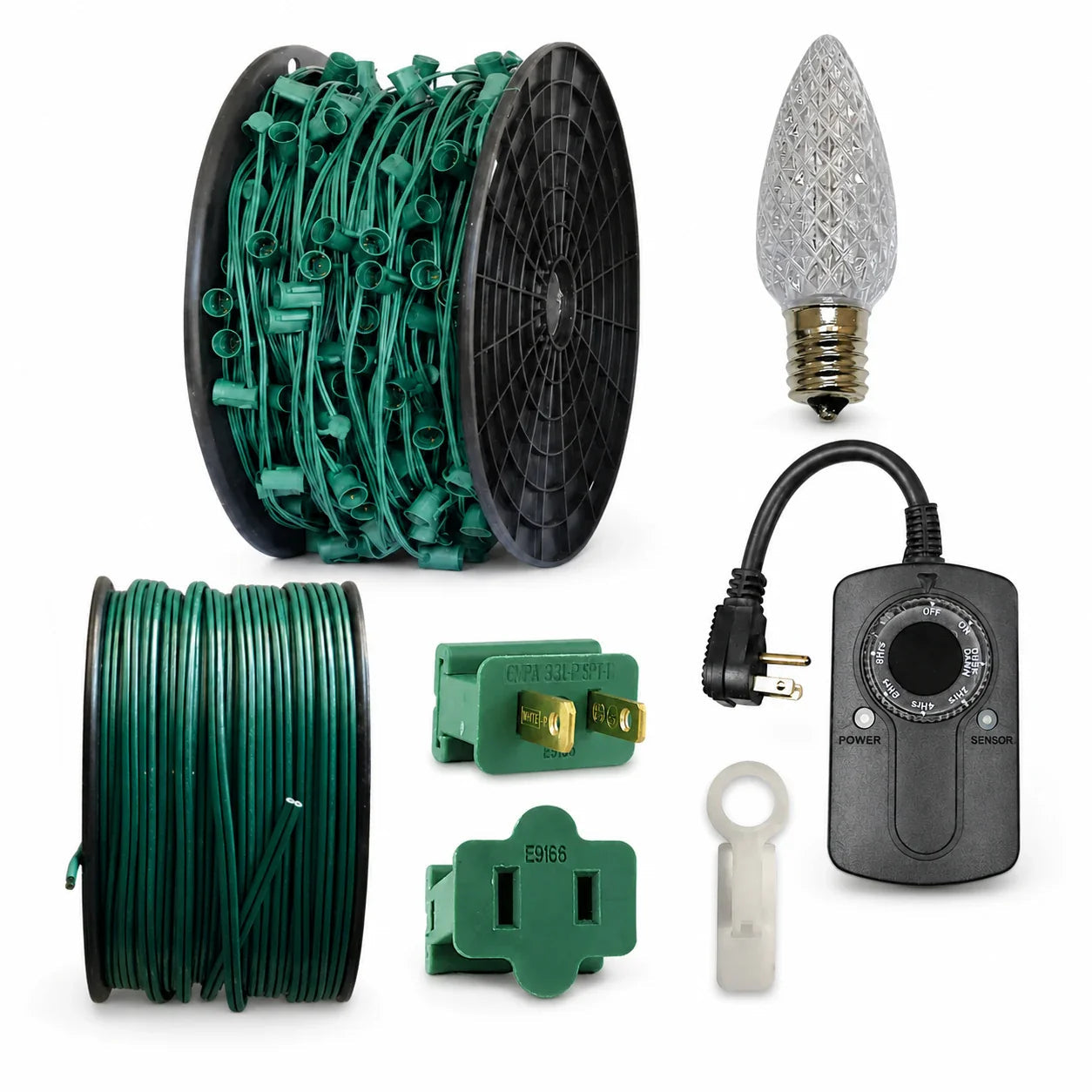 C9 500-foot professional Christmas light installation kit with Commercial Elite warm-white C9 bulbs, green 12-inch socket wire, C9 Best Clips, green lamp cord, green male and female plugs, and photocell timer