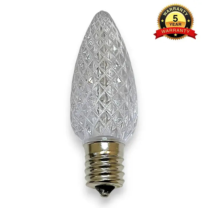 Decorative light bulb with a 5-year warranty label on a white background