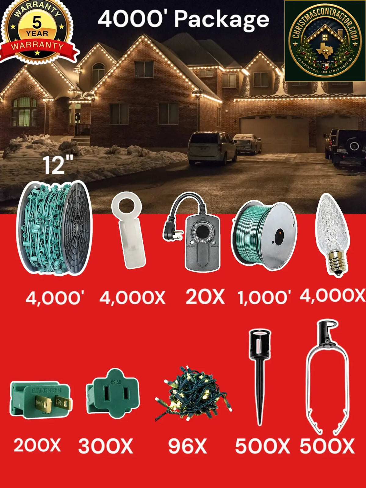 C9 4000 foot Contractor Pro Package, 12 inch spacing, Commercial Elite sun warm white — ChristmasContractor.com