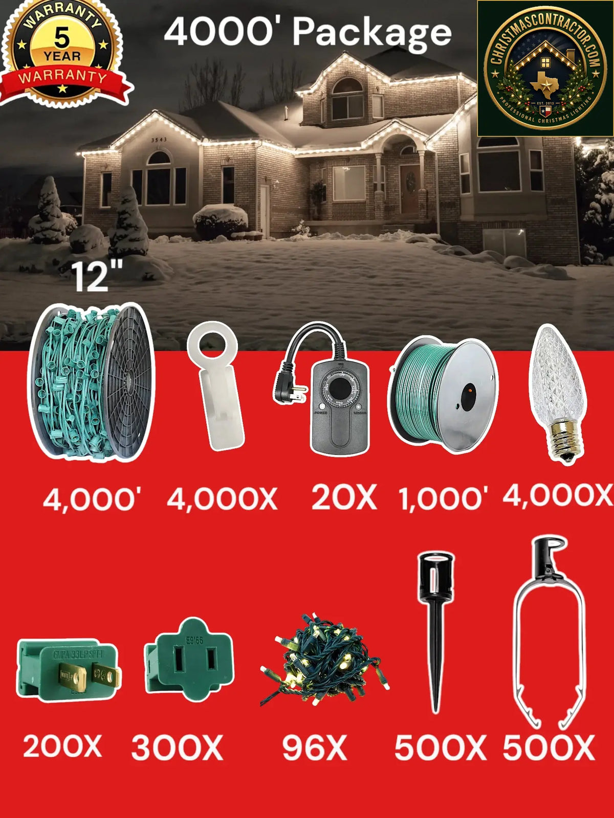 C9 4000 foot Contractor Pro Package, 12 inch spacing, Commercial Elite pure white — ChristmasContractor.com