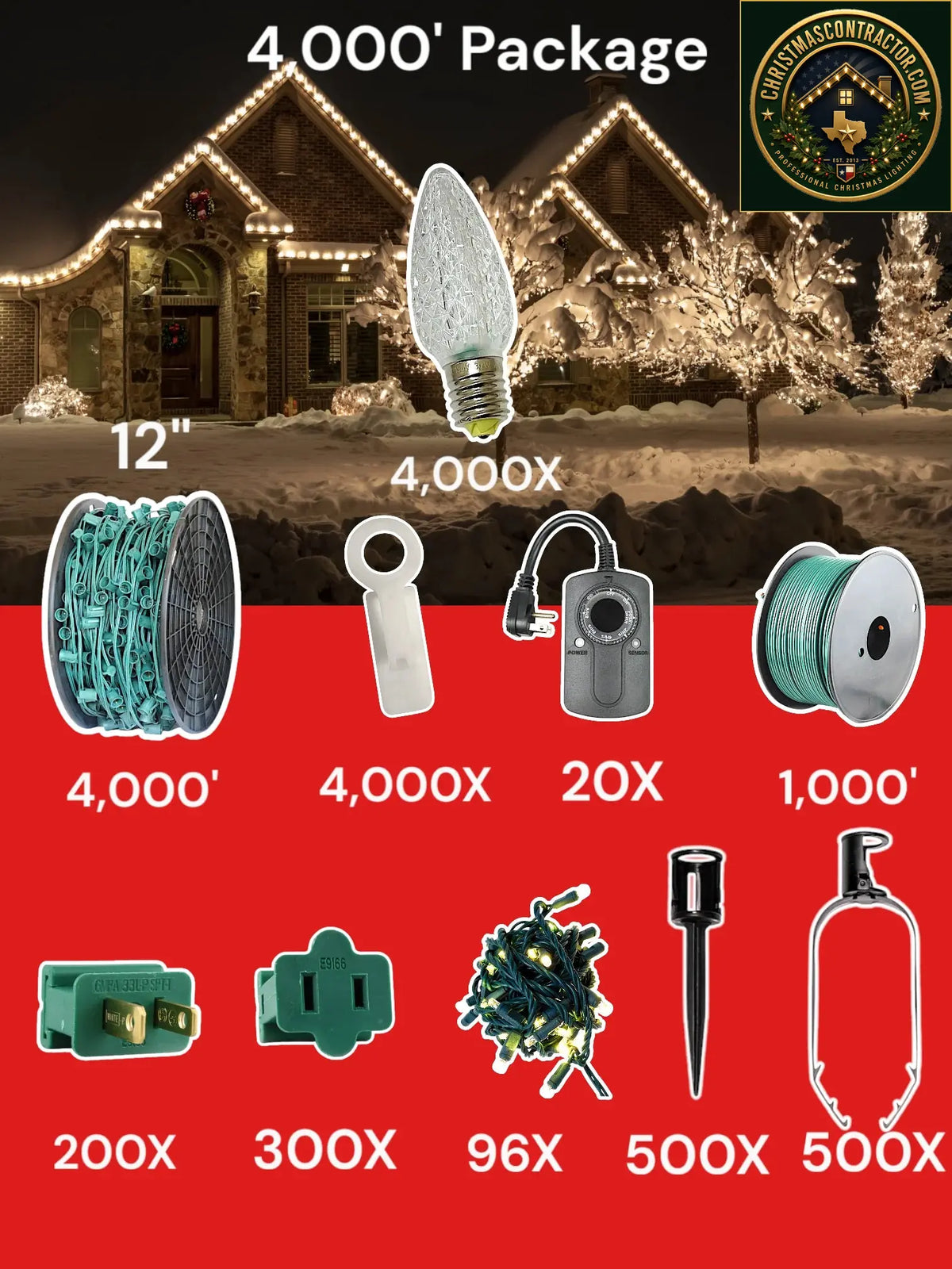 C9 4000 foot Contractor Pro Package, 12 inch spacing, Minleon warm white — ChristmasContractor.com