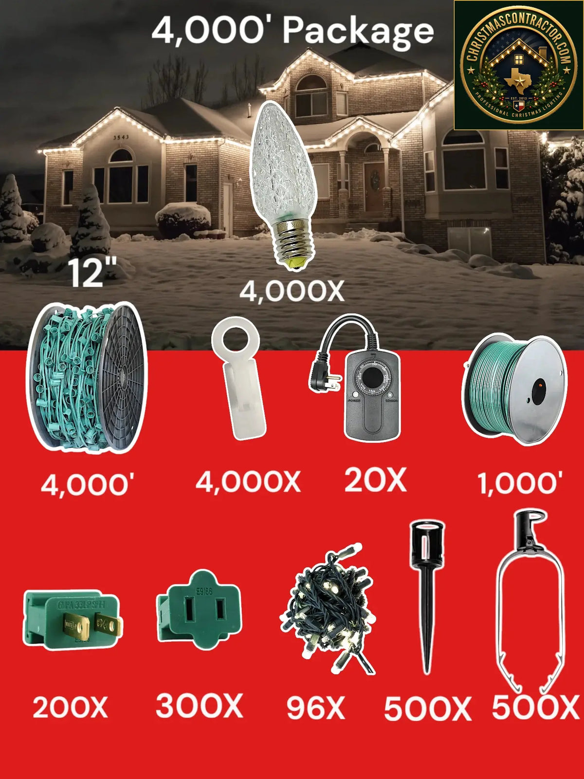 C9 4000 foot Contractor Pro Package, 12 inch spacing, Minleon pure white — ChristmasContractor.com