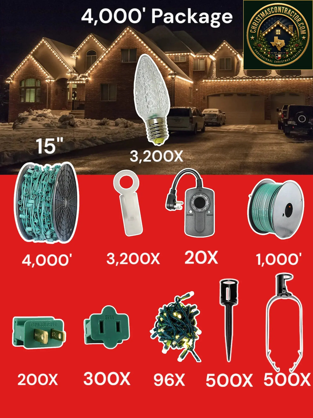 C9 4000 foot Contractor Pro Package, 15 inch spacing, Minleon sun warm white — ChristmasContractor.com