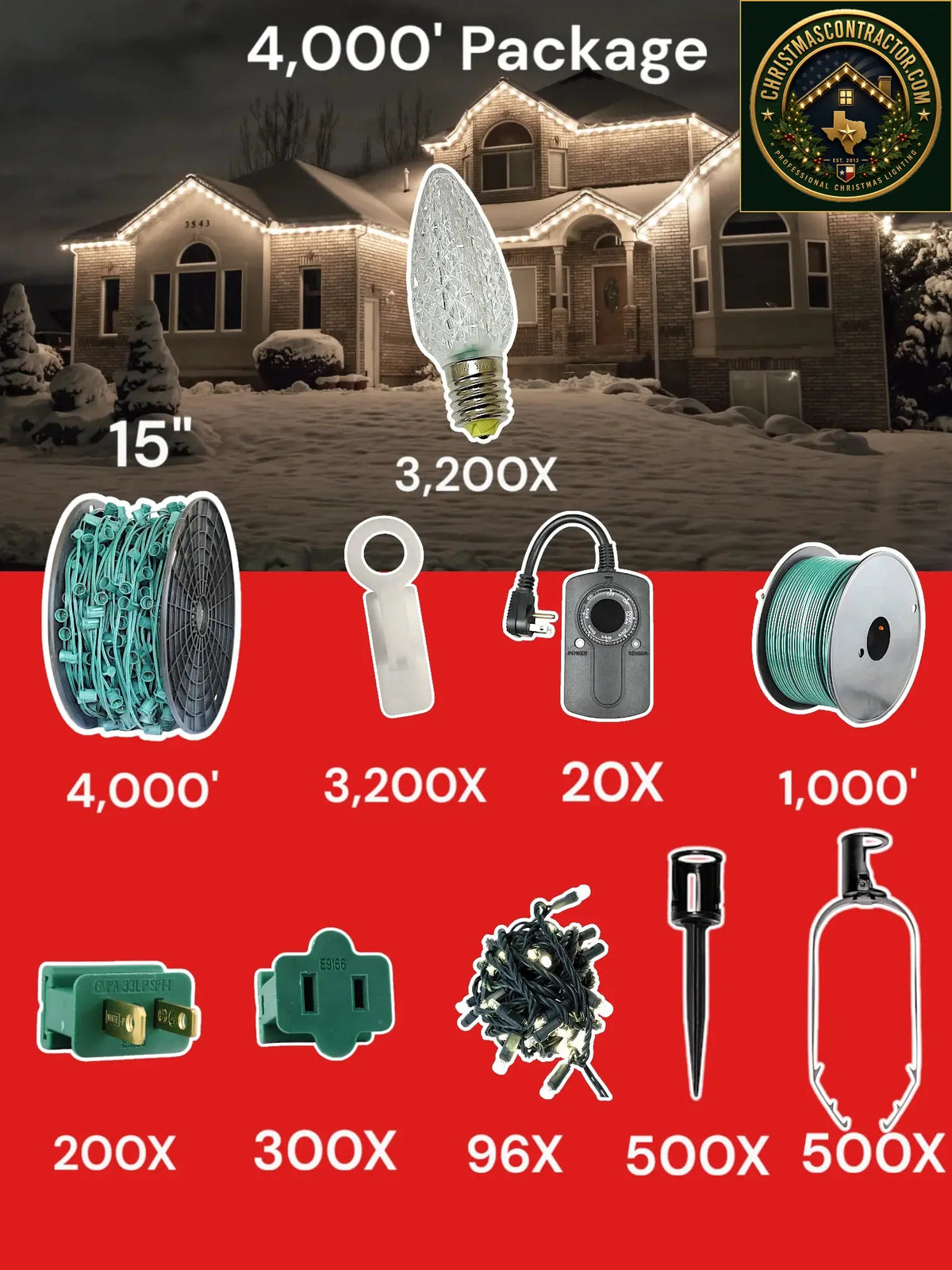 C9 4000 foot Contractor Pro Package, 15 inch spacing, Minleon pure white — ChristmasContractor.com