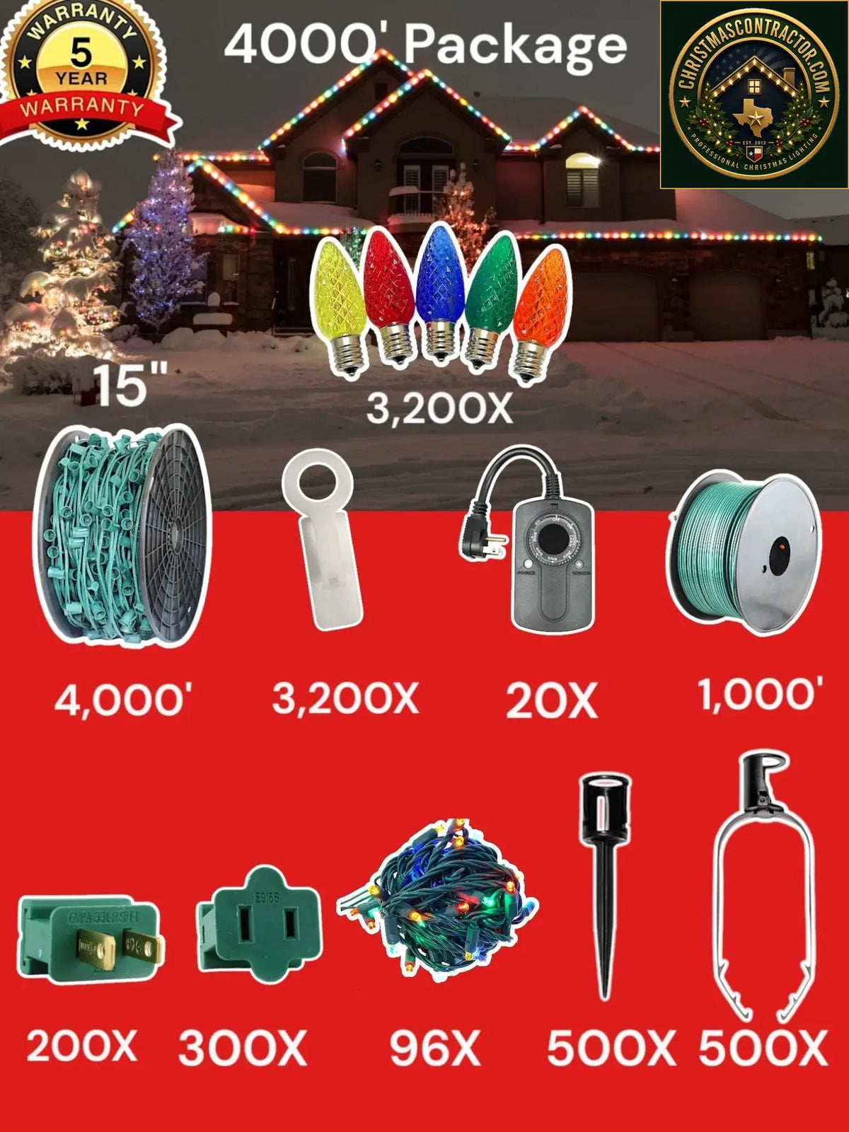 C9 4000 foot Contractor Pro Package, 15 inch spacing, multicolor configuration — ChristmasContractor.com