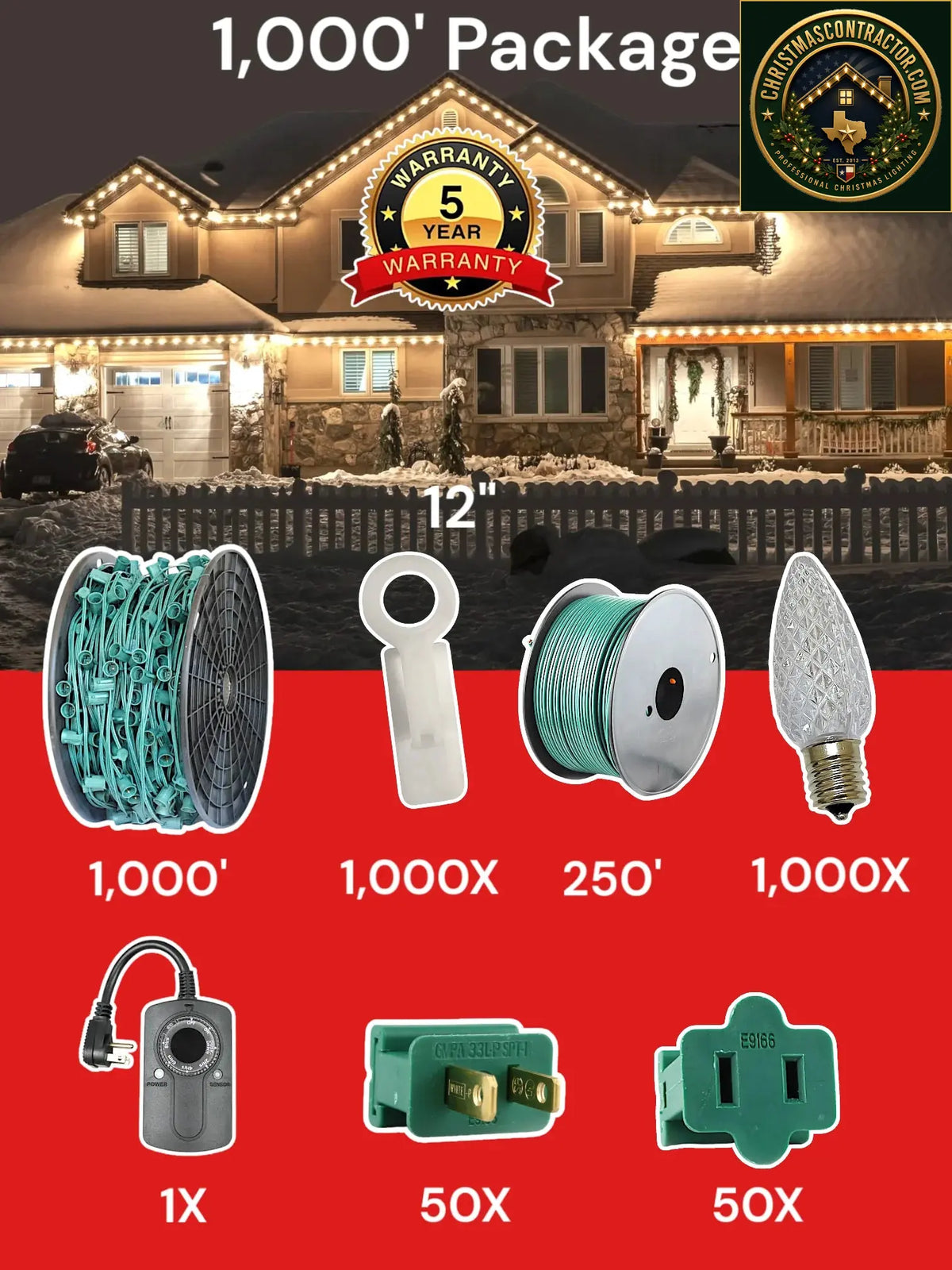 C9 1000 foot Pro Package, 12 inch spacing, Commercial Elite warm white — ChristmasContractor.com