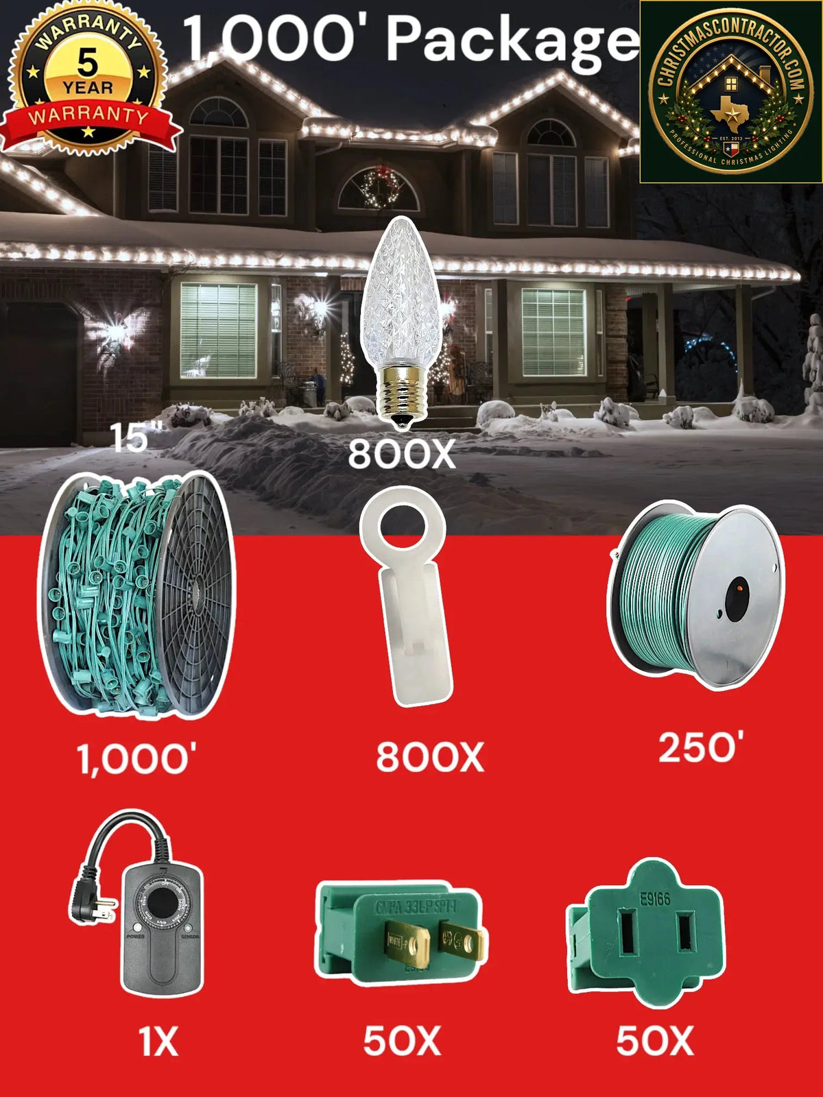 C9 1000 foot Pro Package, 15 inch spacing, Commercial Elite pure white — ChristmasContractor.com