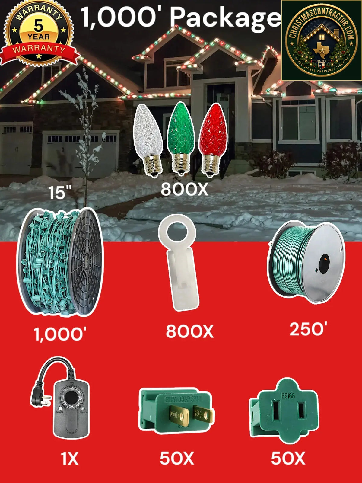 C9 1000 foot Pro Package, 15 inch spacing, Commercial Elite red green warm white — ChristmasContractor.com
