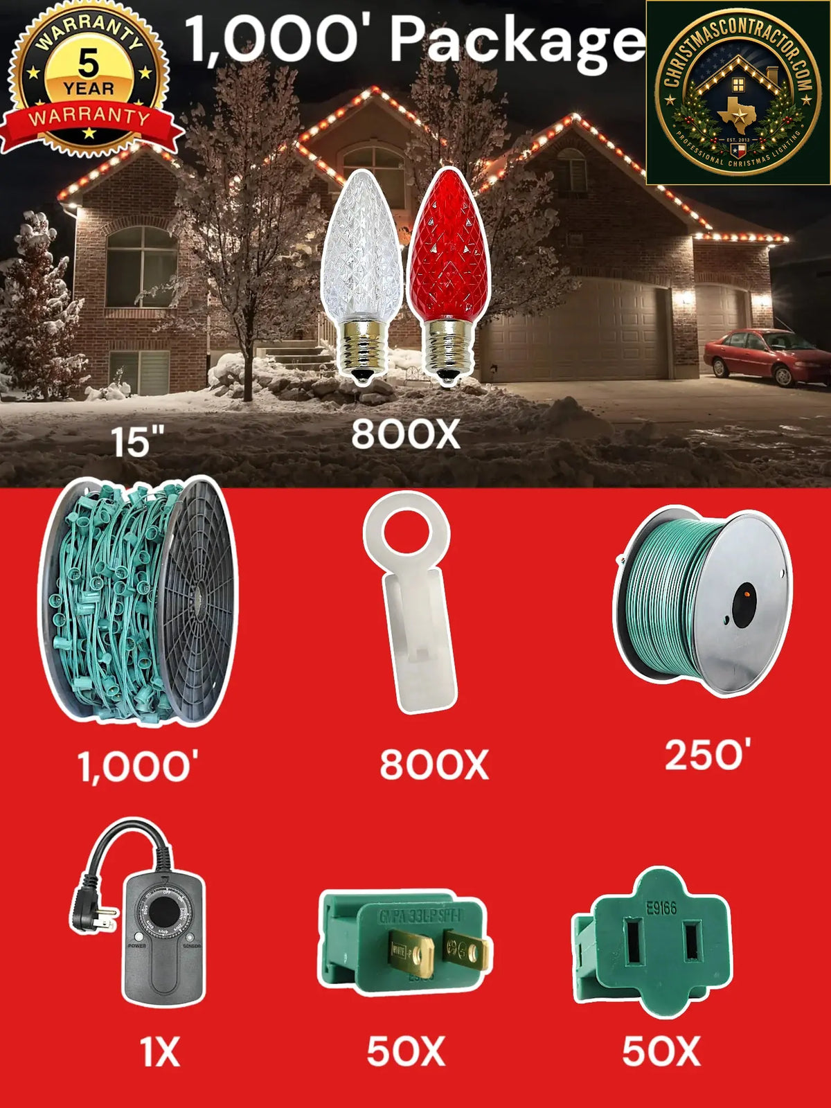 C9 1000 foot Pro Package, 15 inch spacing, Commercial Elite red warm white — ChristmasContractor.com