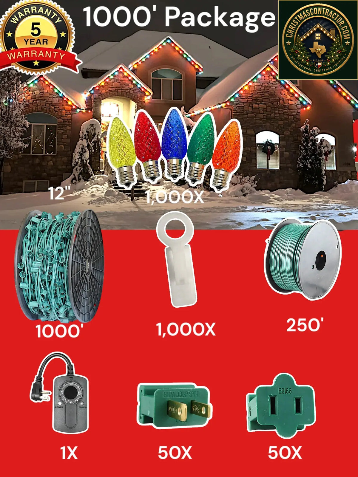 C9 1000 foot Pro Package, 12 inch spacing, Commercial Elite multicolor — ChristmasContractor.com