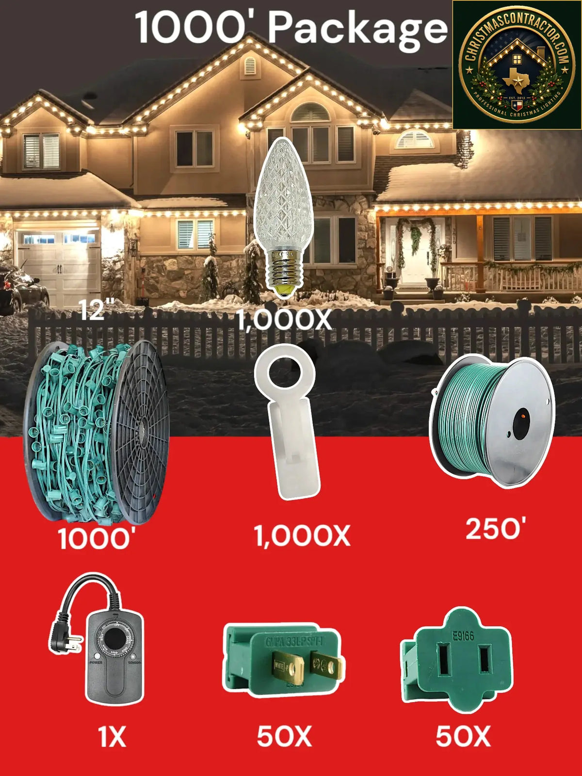 C9 1000 foot Pro Package, 12 inch spacing, Minleon warm white — ChristmasContractor.com