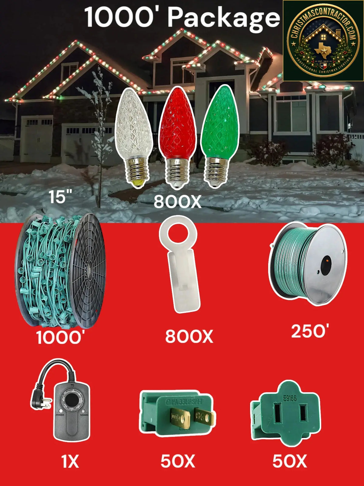 C9 1000 foot Pro Package, 15 inch spacing, Minleon red green warm white — ChristmasContractor.com