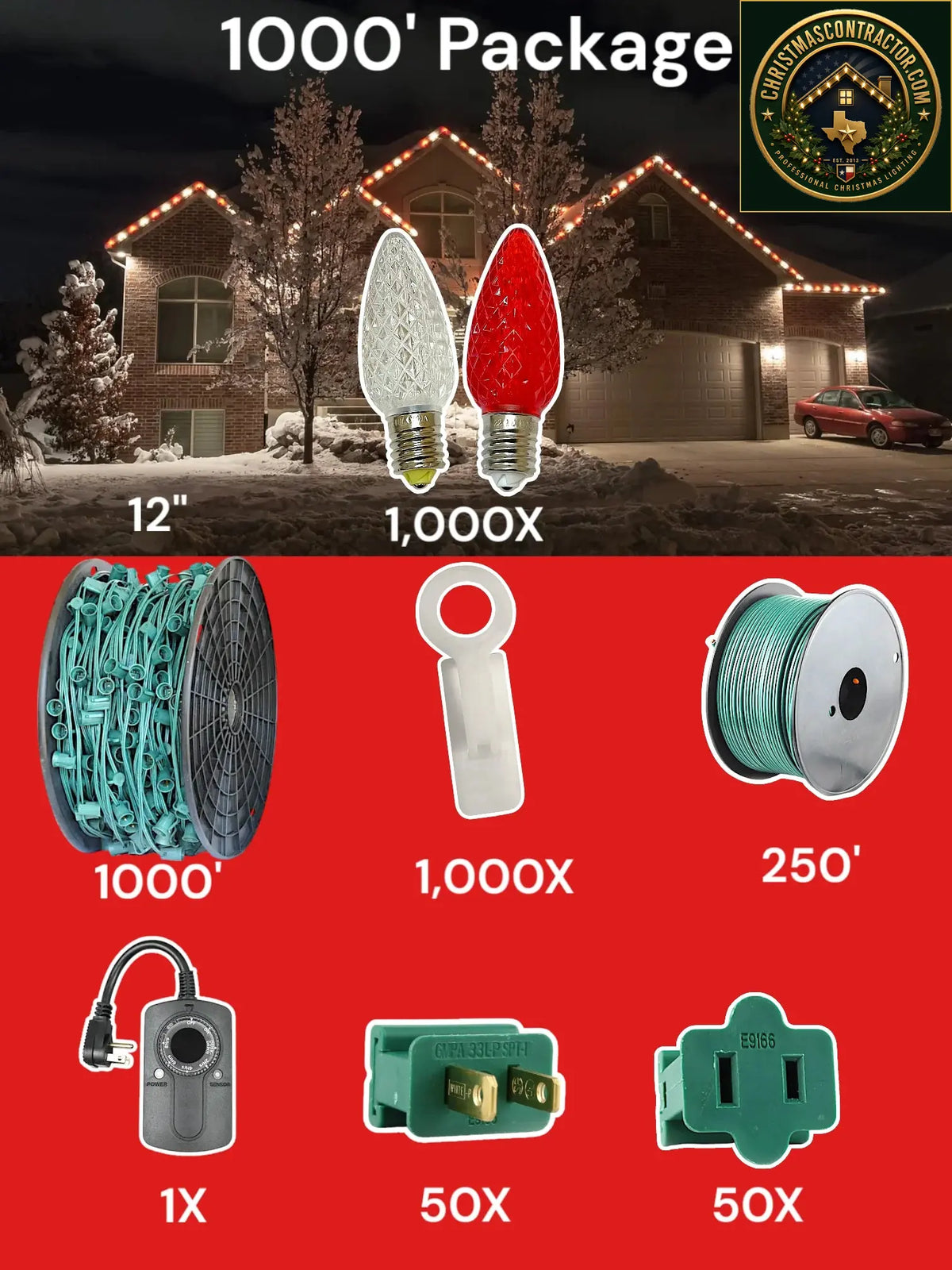 C9 1000 foot Pro Package, 12 inch spacing, Minleon red warm white — ChristmasContractor.com