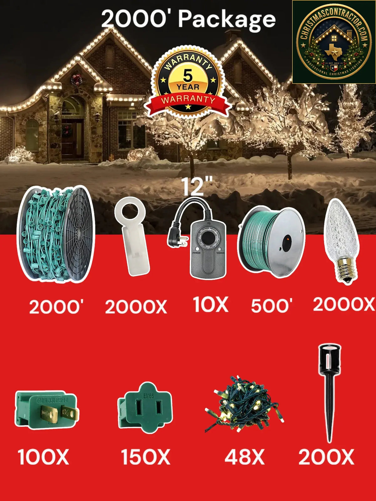C9 2000 foot Contractor Pro Package, 12 inch spacing, Commercial Elite warm white — ChristmasContractor.com