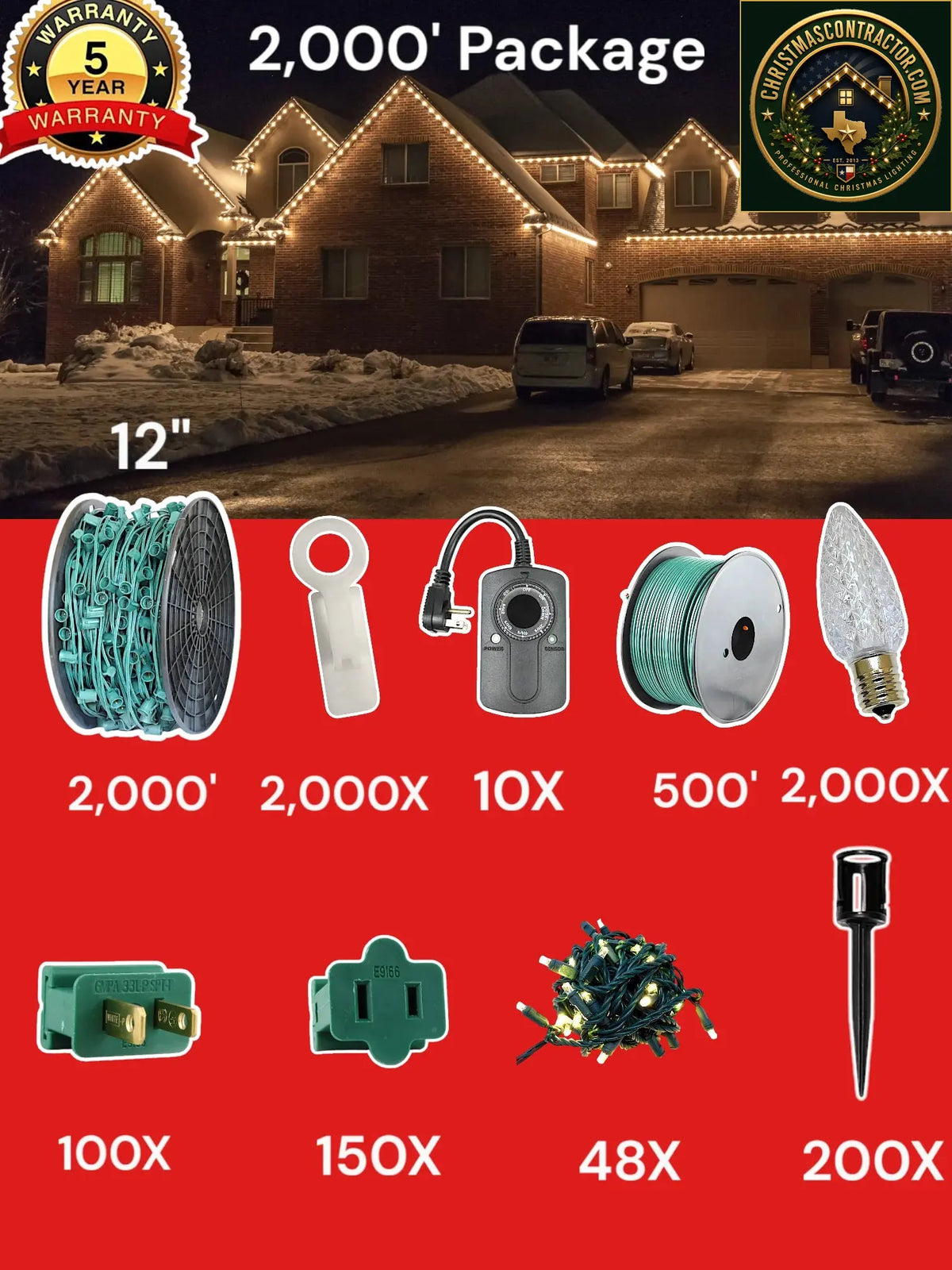 C9 2000 foot Contractor Pro Package, 12 inch spacing, Commercial Elite sun warm white — ChristmasContractor.com