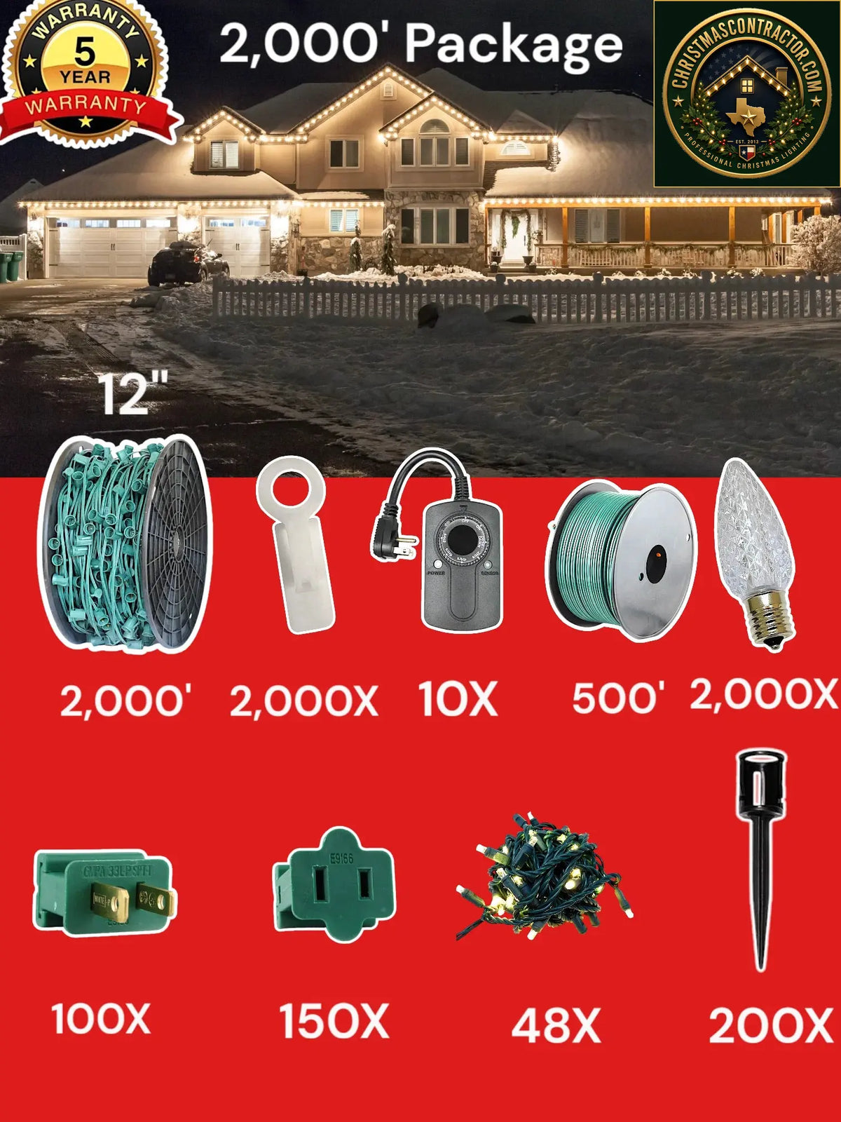 C9 2000 foot Contractor Pro Package, 12 inch spacing, Commercial Elite winter warm white — ChristmasContractor.com