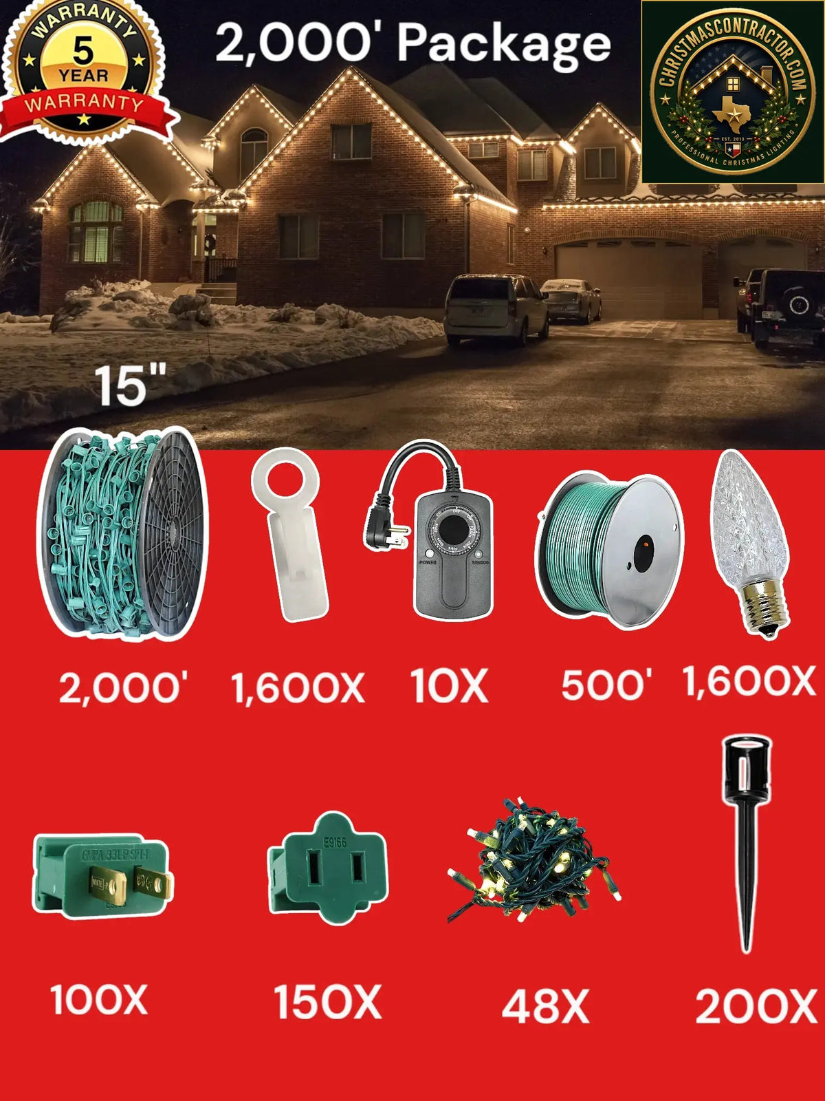 C9 2000 foot Contractor Pro Package, 15 inch spacing, Commercial Elite sun warm white — ChristmasContractor.com