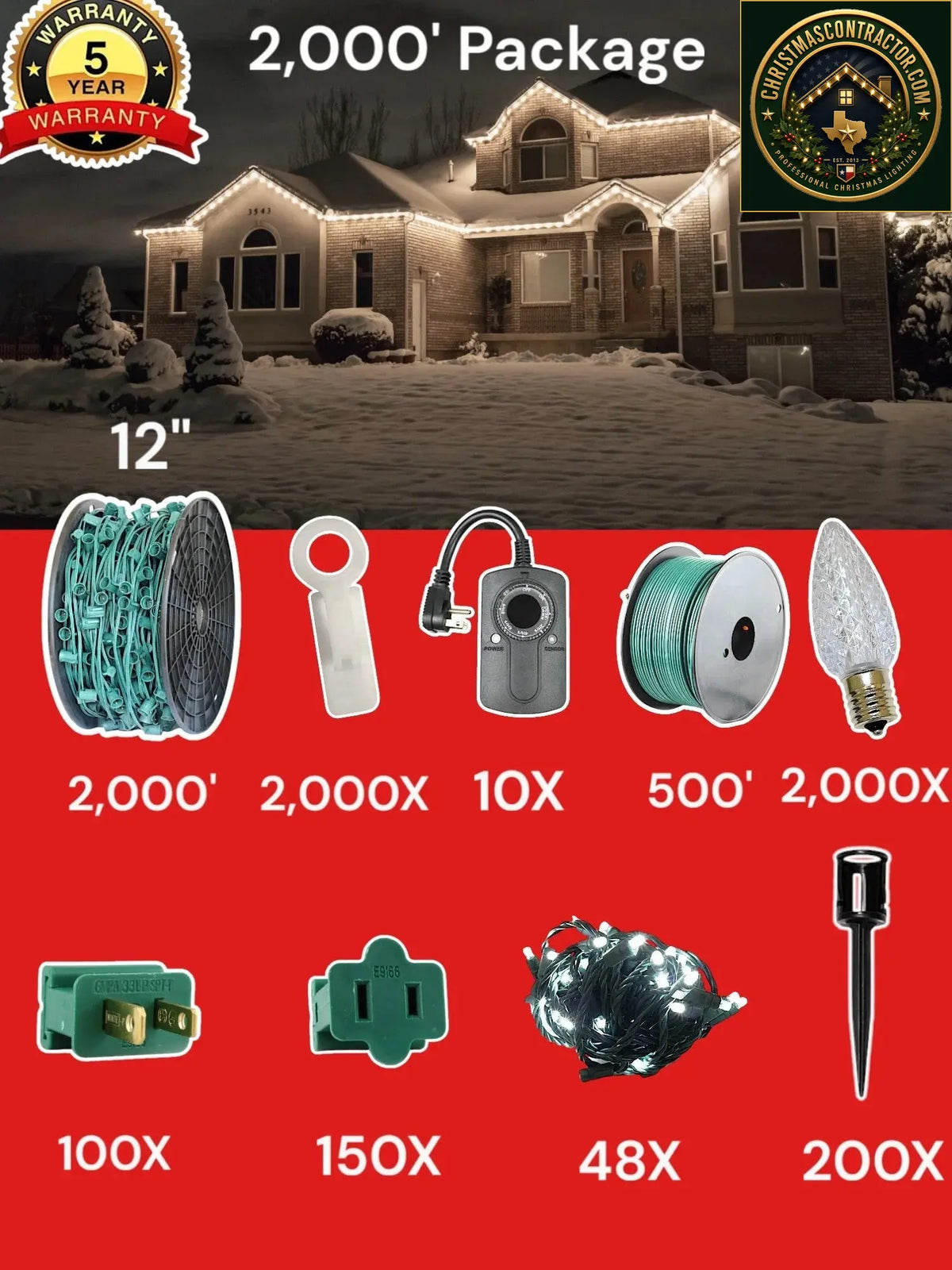 C9 2000 foot Contractor Pro Package, 12 inch spacing, Commercial Elite pure white — ChristmasContractor.com