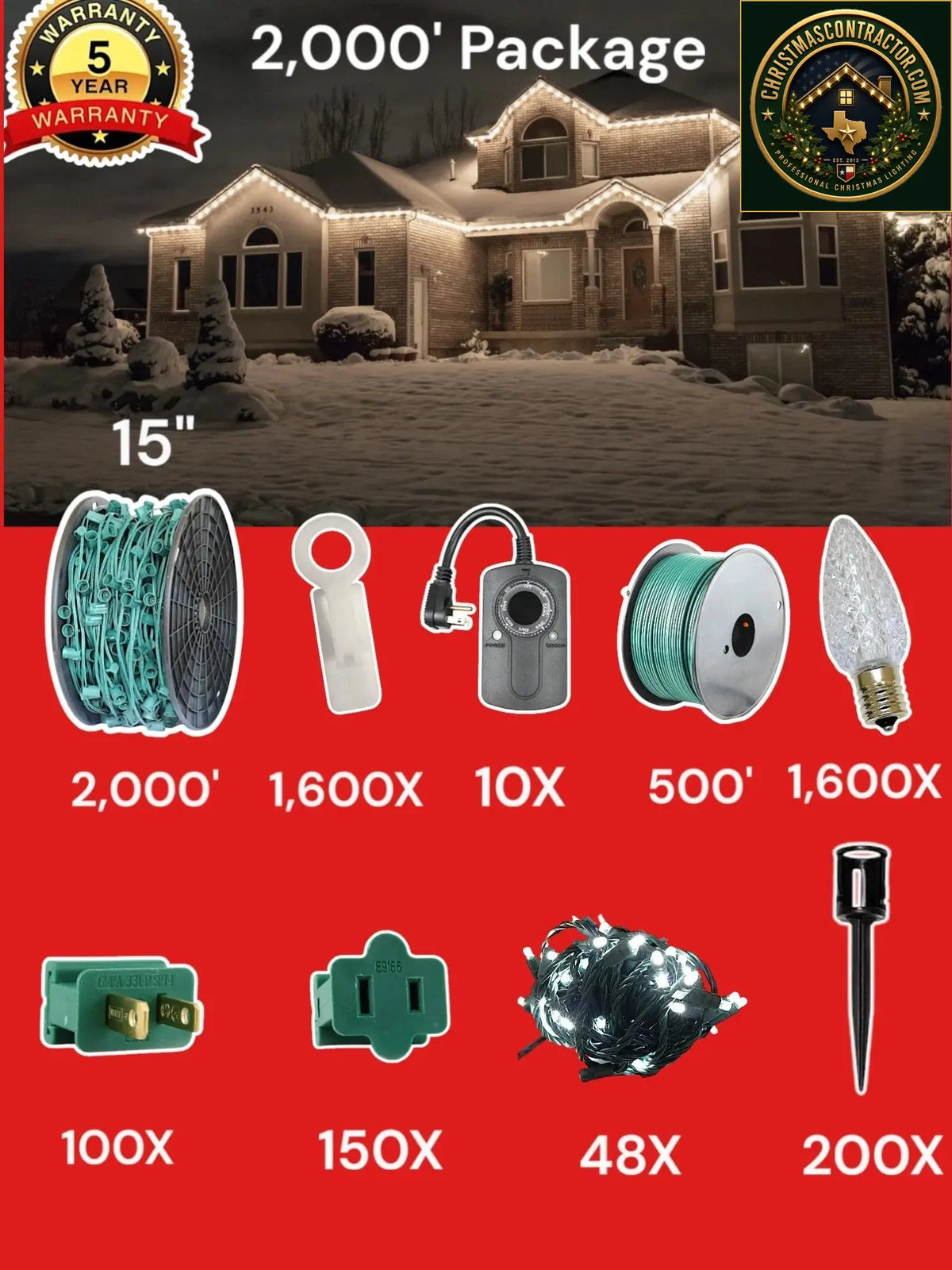 C9 2000 foot Contractor Pro Package, 15 inch spacing, Commercial Elite pure white — ChristmasContractor.com