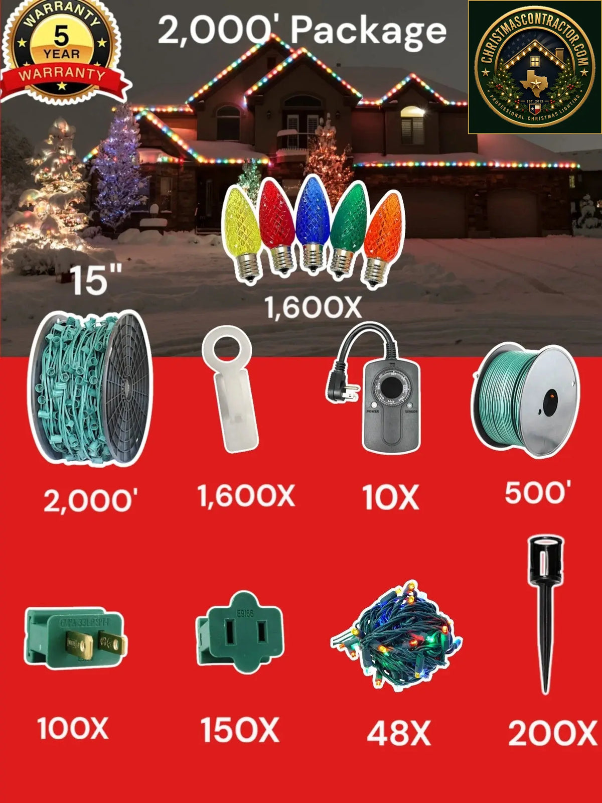 C9 2000 foot Contractor Pro Package, 15 inch spacing, Commercial Elite multicolor — ChristmasContractor.com
