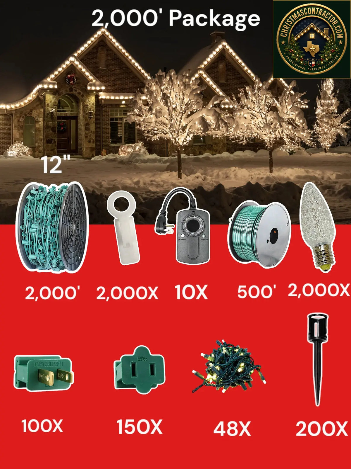 C9 2000 foot Contractor Pro Package, 12 inch spacing, Minleon warm white — ChristmasContractor.com