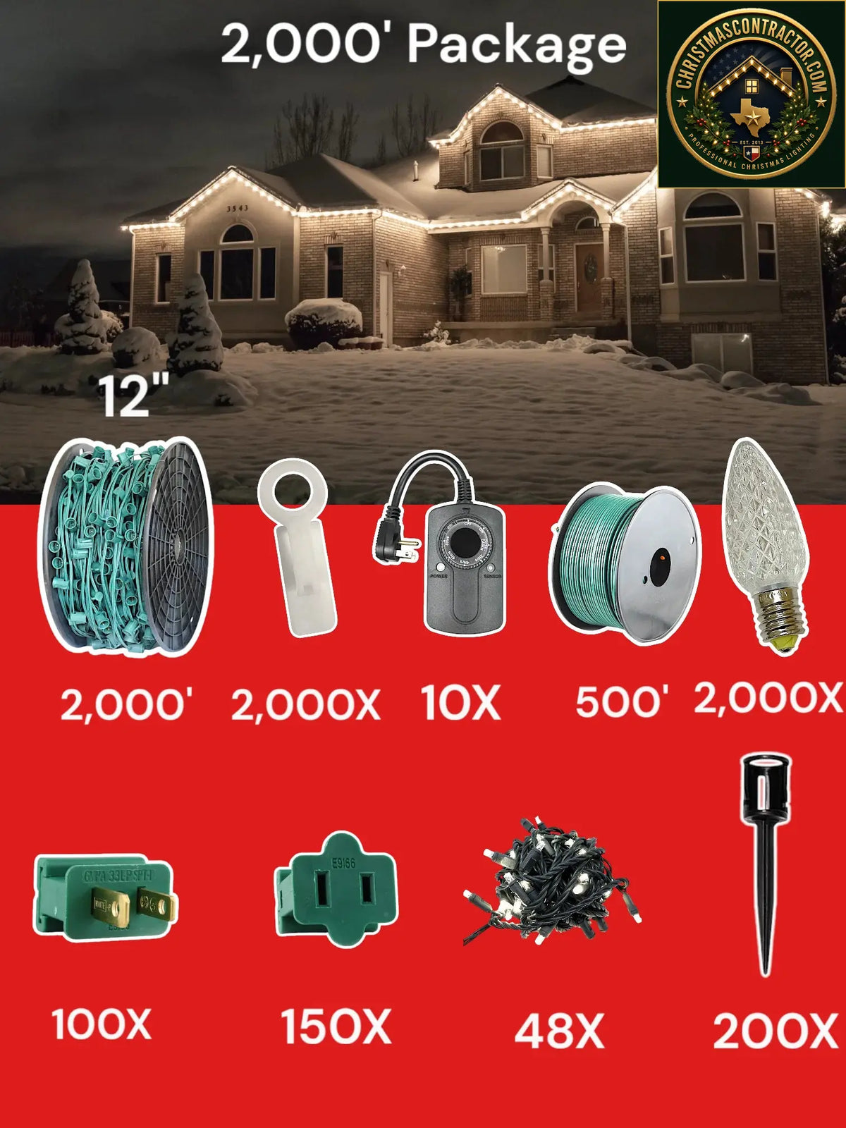 C9 2000 foot Contractor Pro Package, 12 inch spacing, Minleon pure white — ChristmasContractor.com