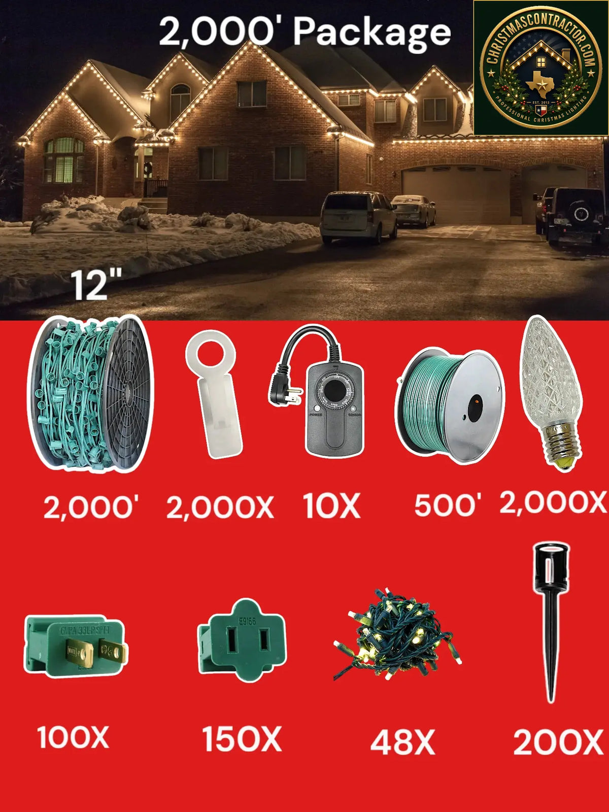 C9 2000 foot Contractor Pro Package, 12 inch spacing, Minleon sun warm white — ChristmasContractor.com