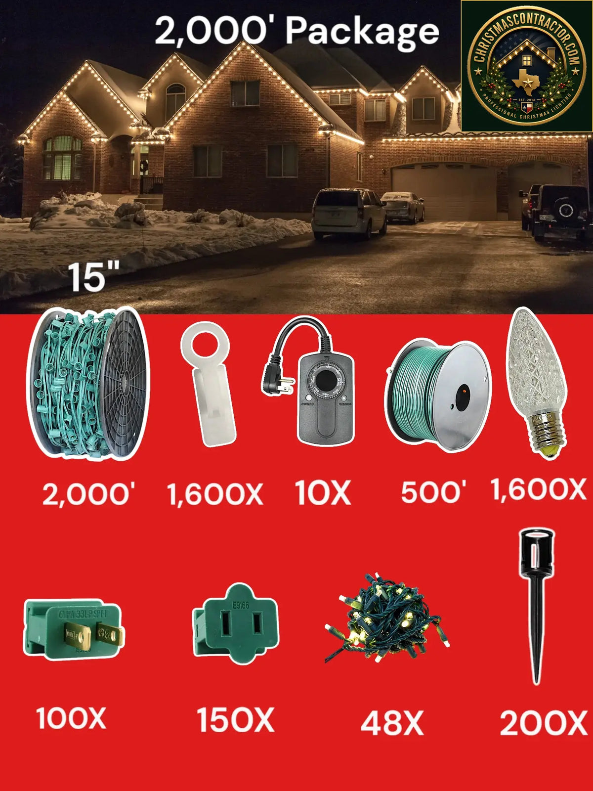 C9 2000 foot Contractor Pro Package, 15 inch spacing, Minleon sun warm white — ChristmasContractor.com