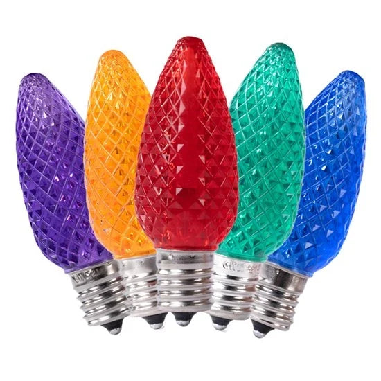 Five faceted C9 LED bulbs in purple, orange, red, teal, and blue