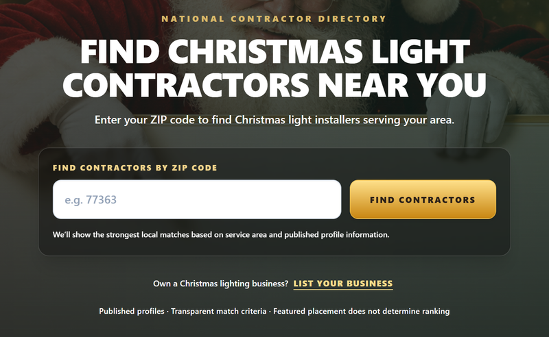 The ChristmasContractor.com contractor directory search screen, where homeowners enter a ZIP code to find Christmas light installers