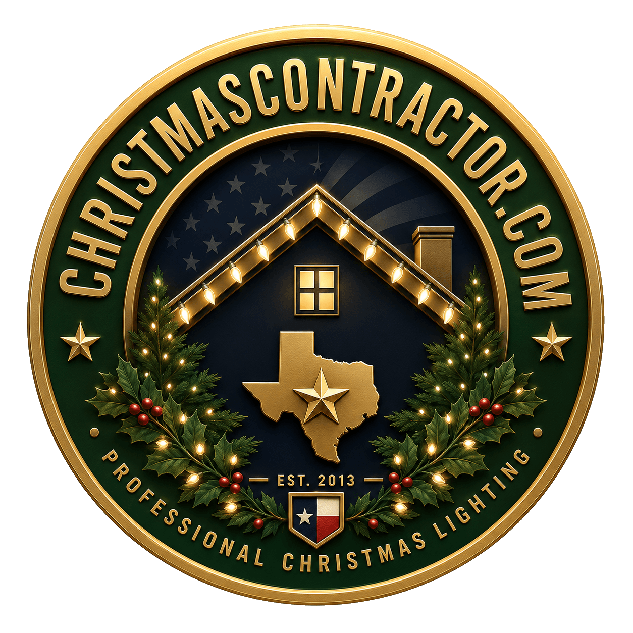 Circular emblem with American flag star design and 'Christmas Contractor' text on a white background