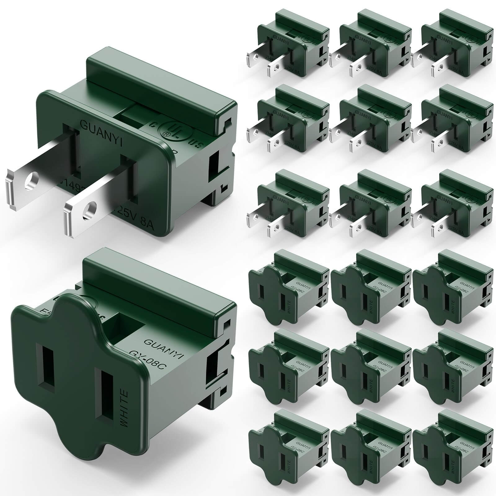 Set of green electrical outlets and plugs on a white background