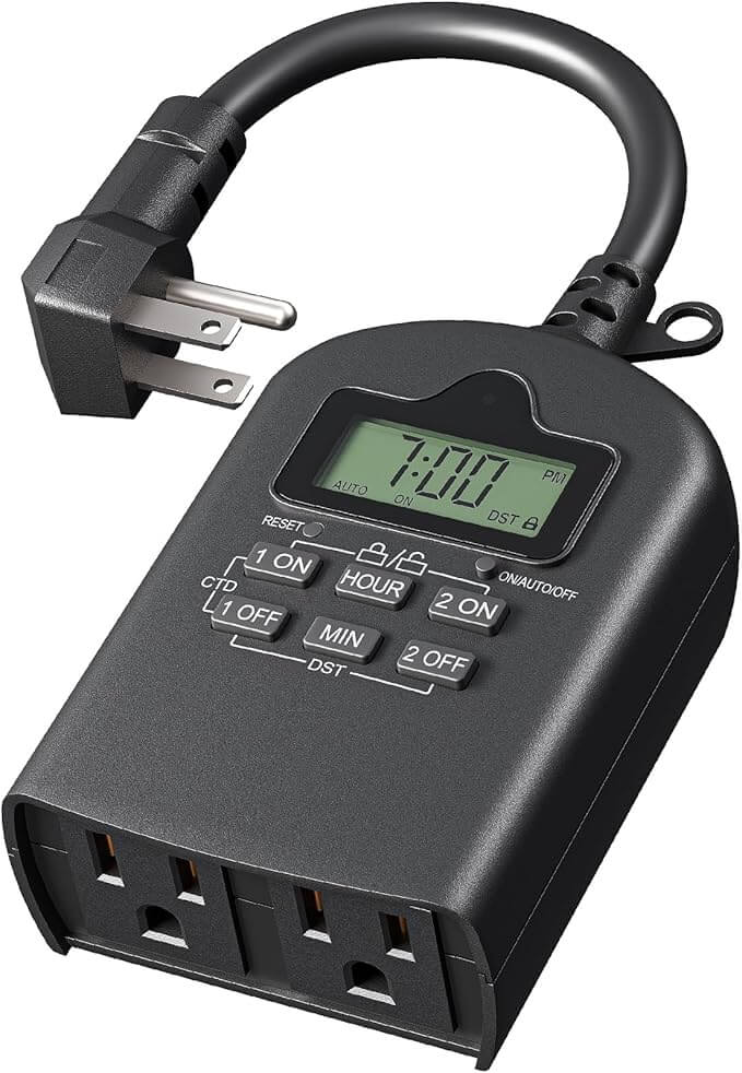 Outdoor Timer Outlet Waterproof, Outdoor Digital Timer for Lights, Programmable with 2 Grounded Outlets, for Home and Garden, 15A, 1/2HP, Heavy Duty, ETL Listed