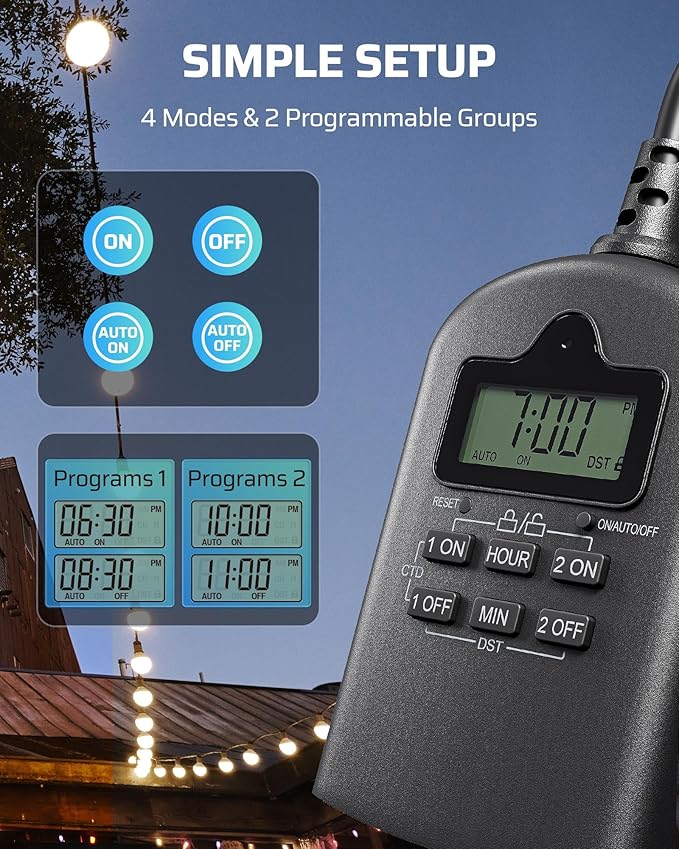 Outdoor Timer Outlet Waterproof, Outdoor Digital Timer for Lights, Programmable with 2 Grounded Outlets, for Home and Garden, 15A, 1/2HP, Heavy Duty, ETL Listed