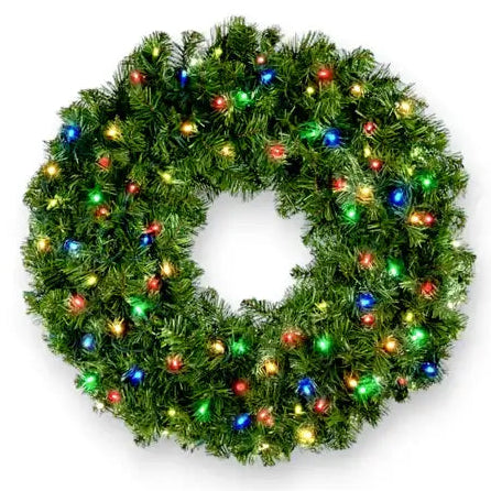 Christmas wreath with colorful lights on a white background