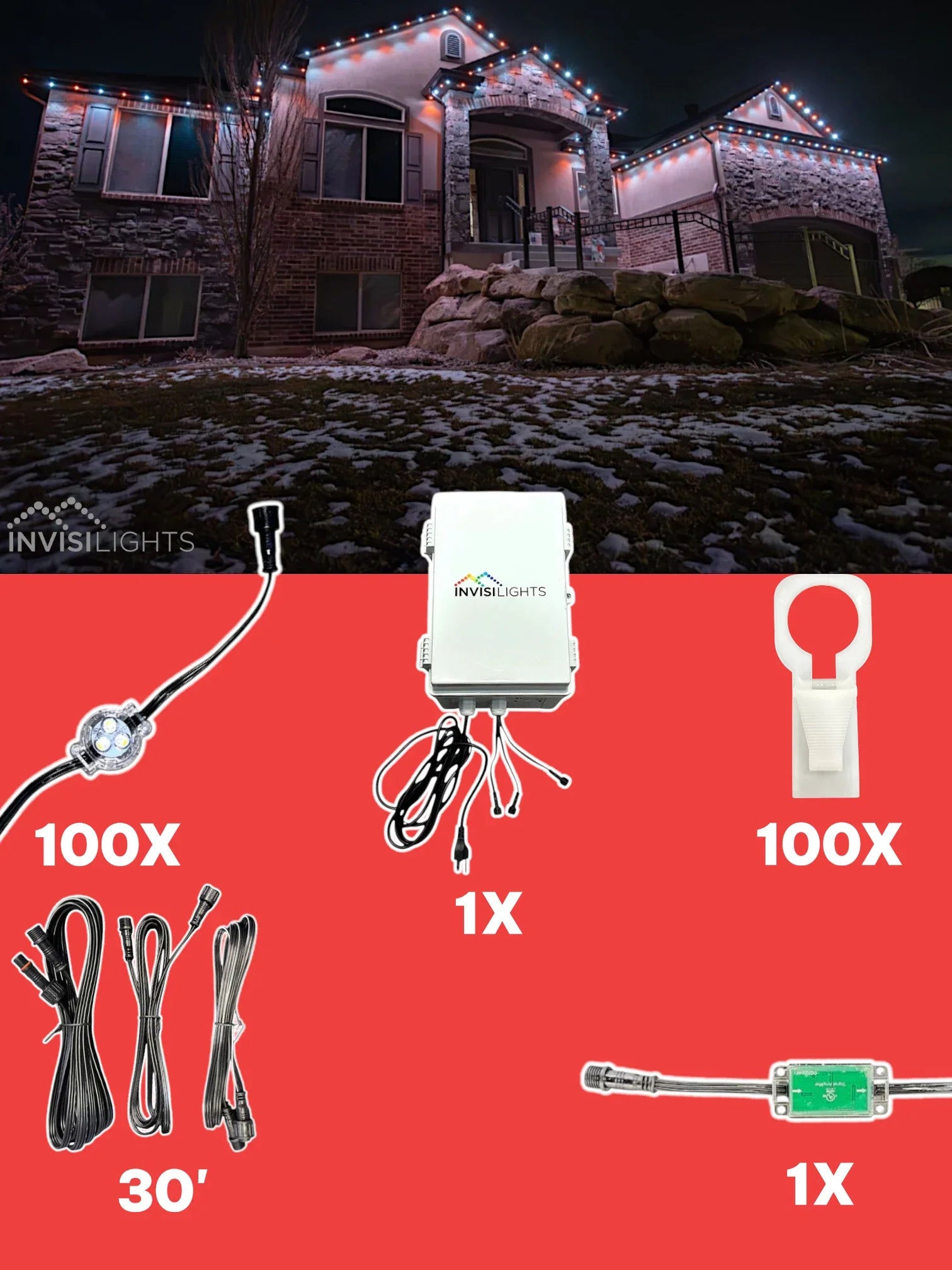 Invisi-Clips 100 foot seasonal smart-light kit with controller, lights, clips, cables, and power components