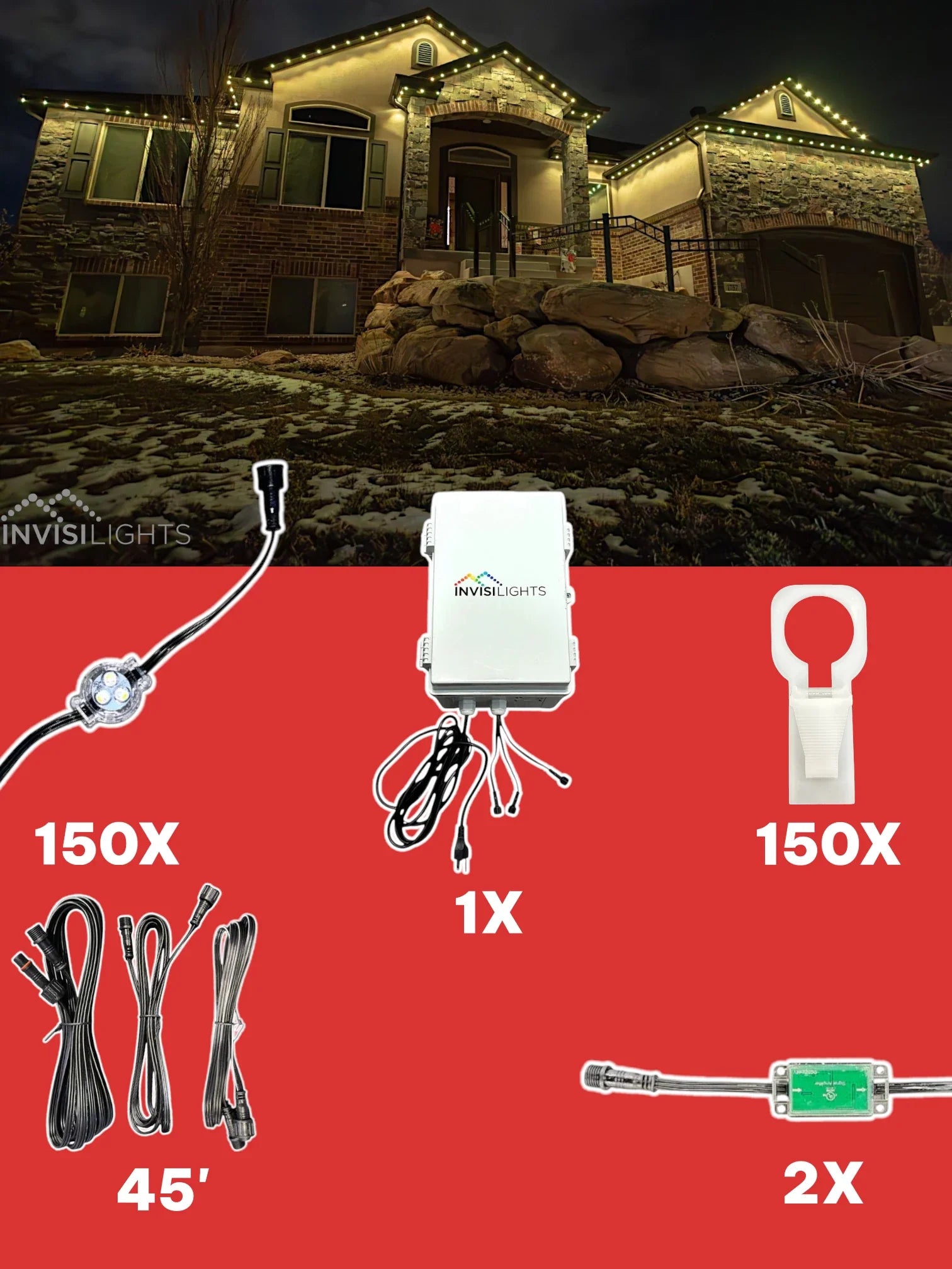 Invisi-Clips 150 foot seasonal smart-light kit with controller, lights, clips, cables, and power components