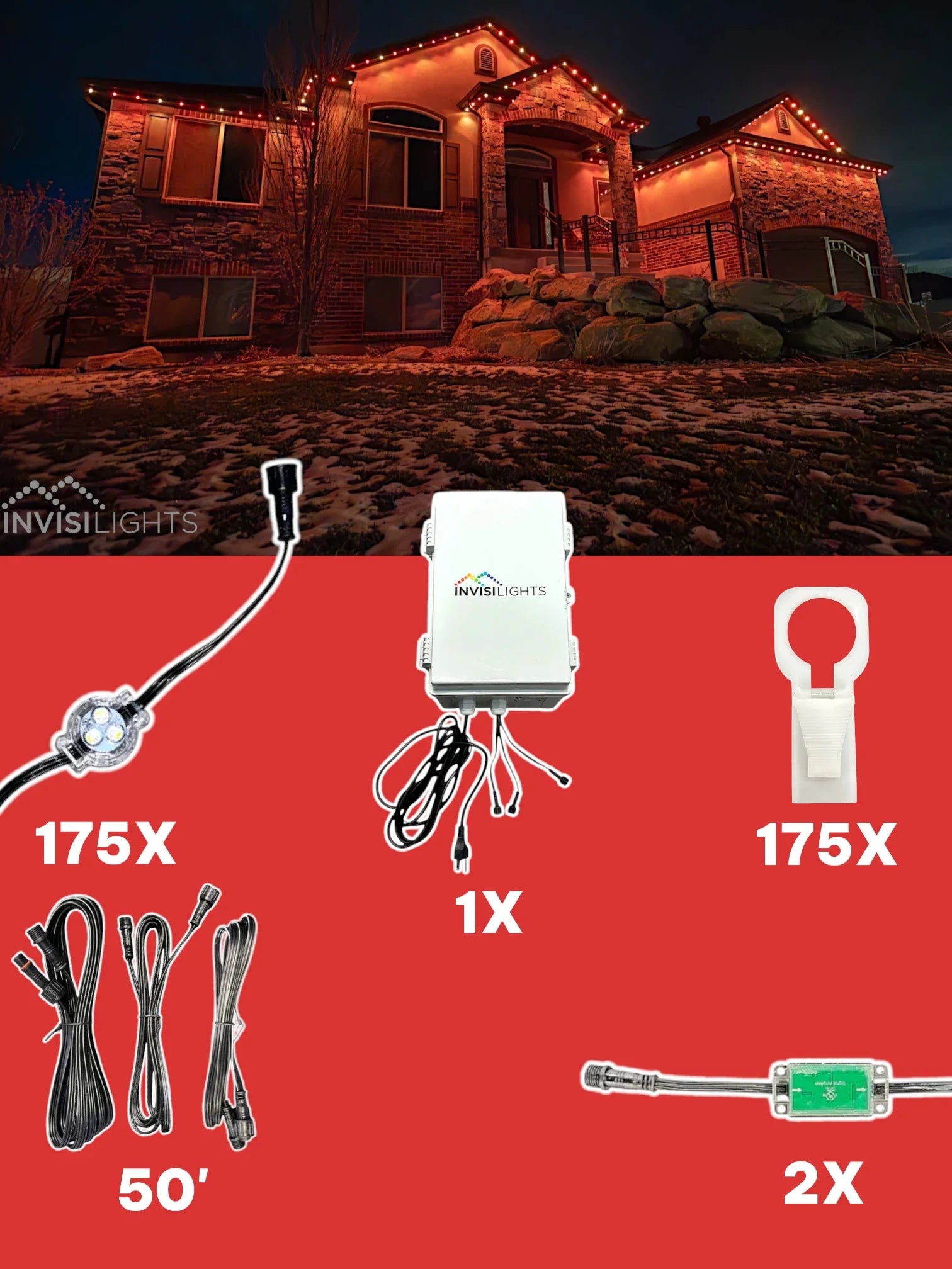 Invisi-Clips 175 foot seasonal smart-light kit with controller, lights, clips, cables, and power components
