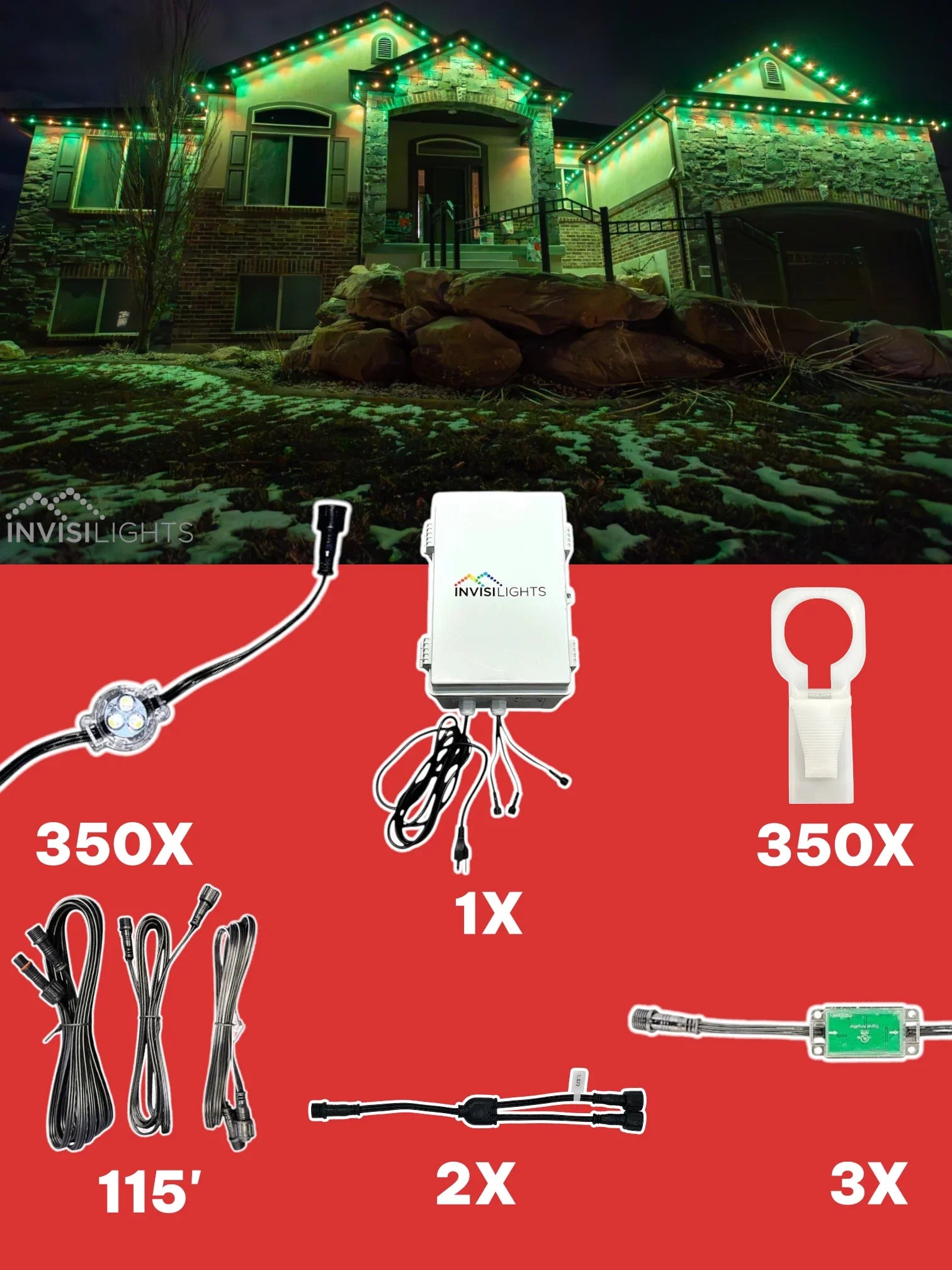 Invisi-Clips 350 foot seasonal smart-light kit with controller, lights, clips, cables, and power components