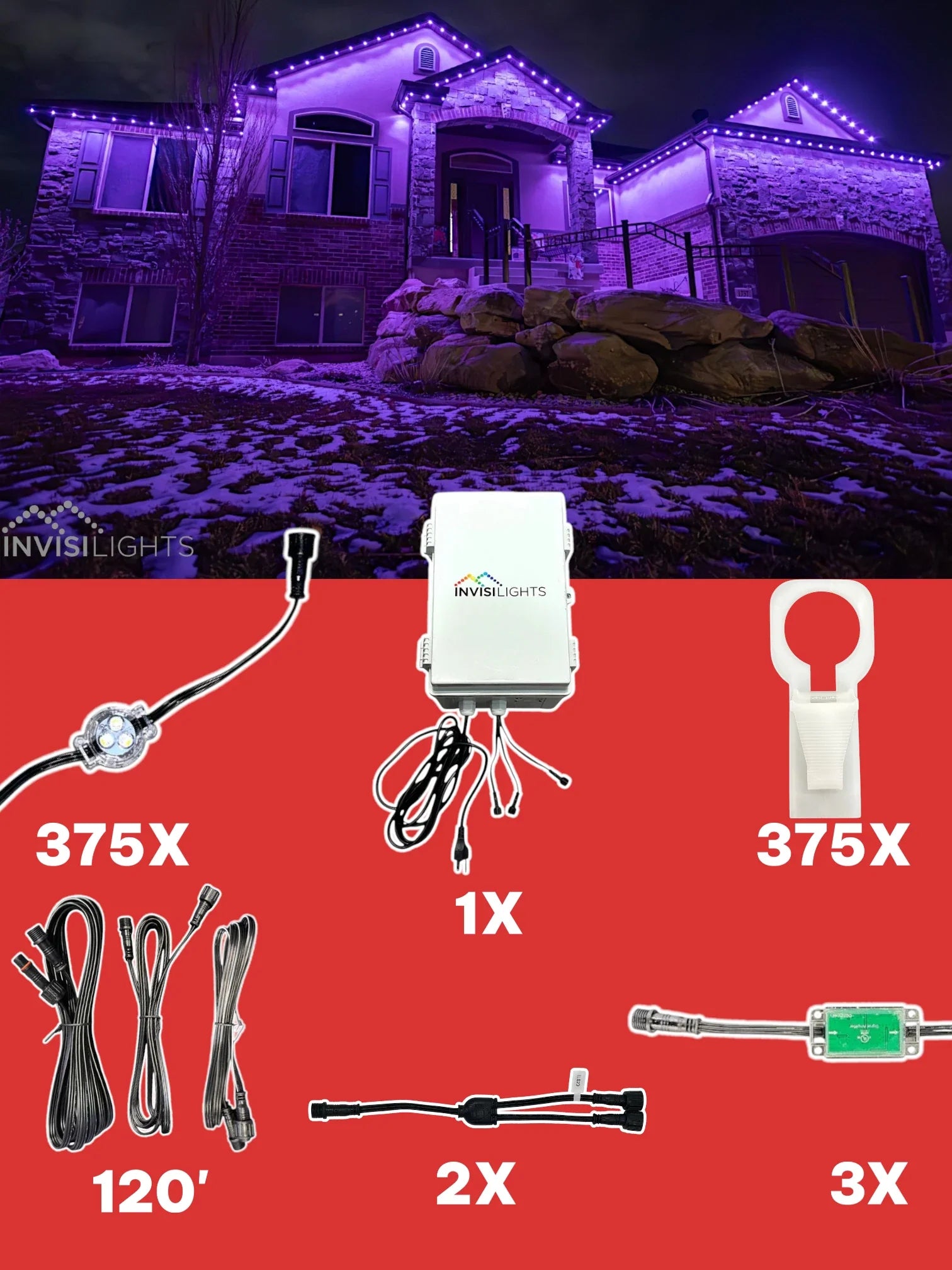 Invisi-Clips 375 foot seasonal smart-light kit with controller, lights, clips, cables, and power components