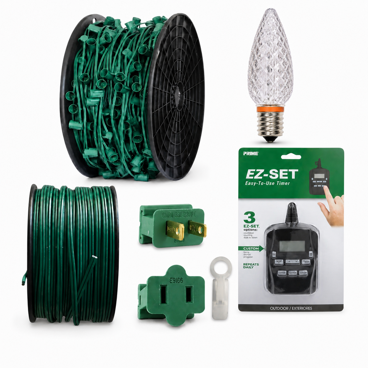 Kingdom 500 foot C9 contractor package with orange-ring Kingdom Bulb, PRIME EZ-SET Digital Timer, socket wire, cord, plugs, and clips
