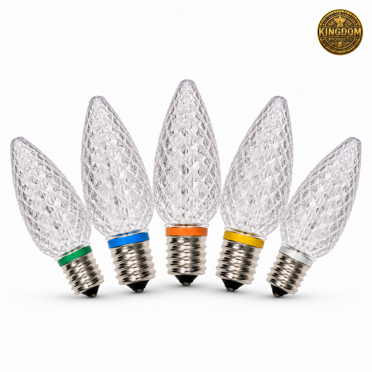 Kingdom Bulb C9 faceted LED color temperature lineup in a five-bulb fan display with Kingdom Products badge